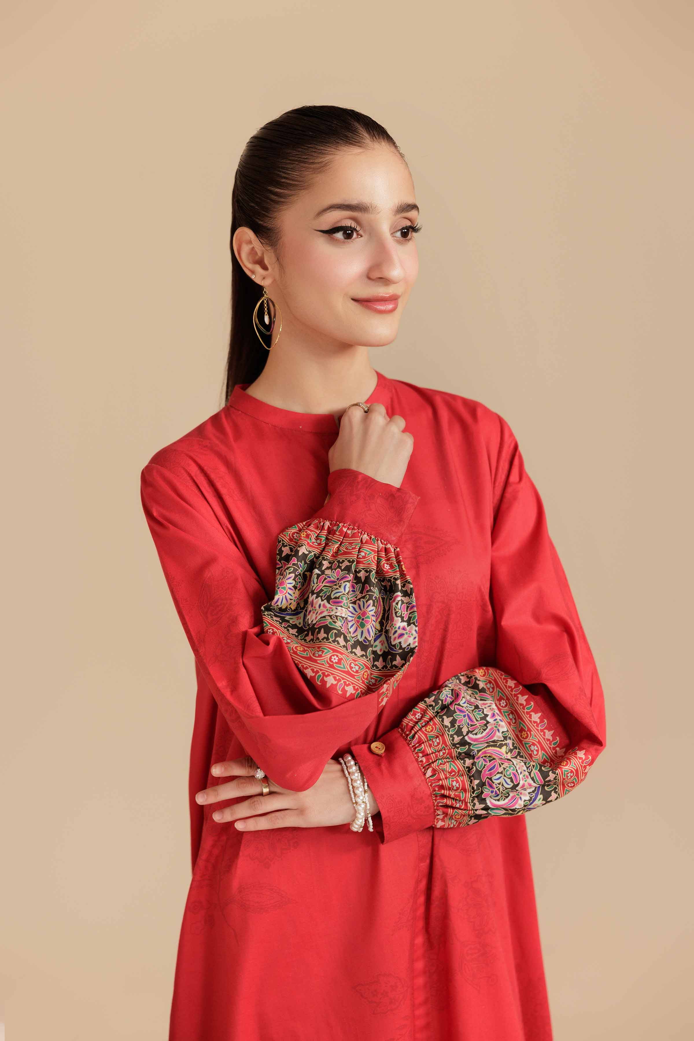 NishatUK - Red Printed Cambric 1-piece ready to wear Long Dress
