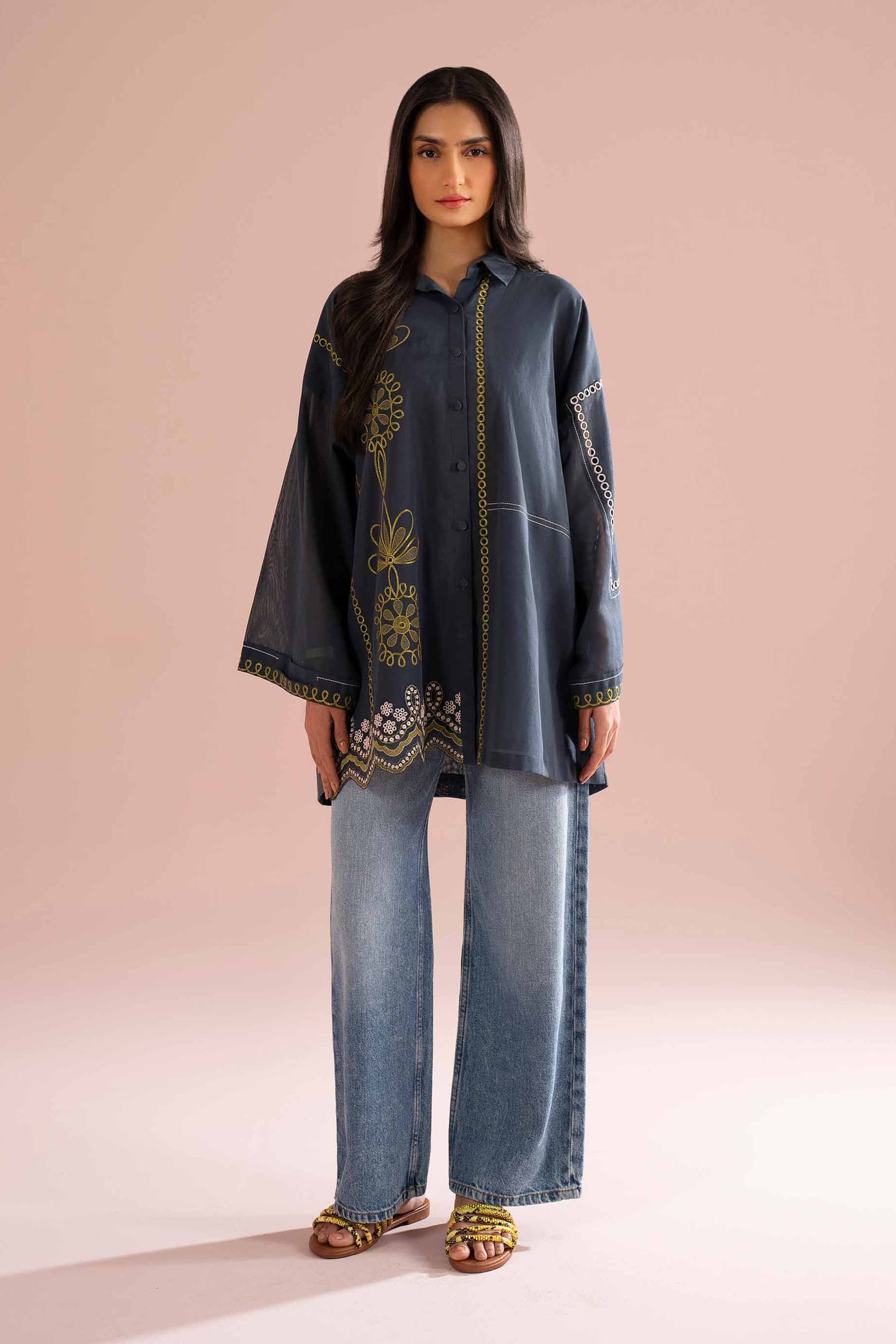 Nishat UK - Grey Embroidered Voile 1-piece ready to wear tunic