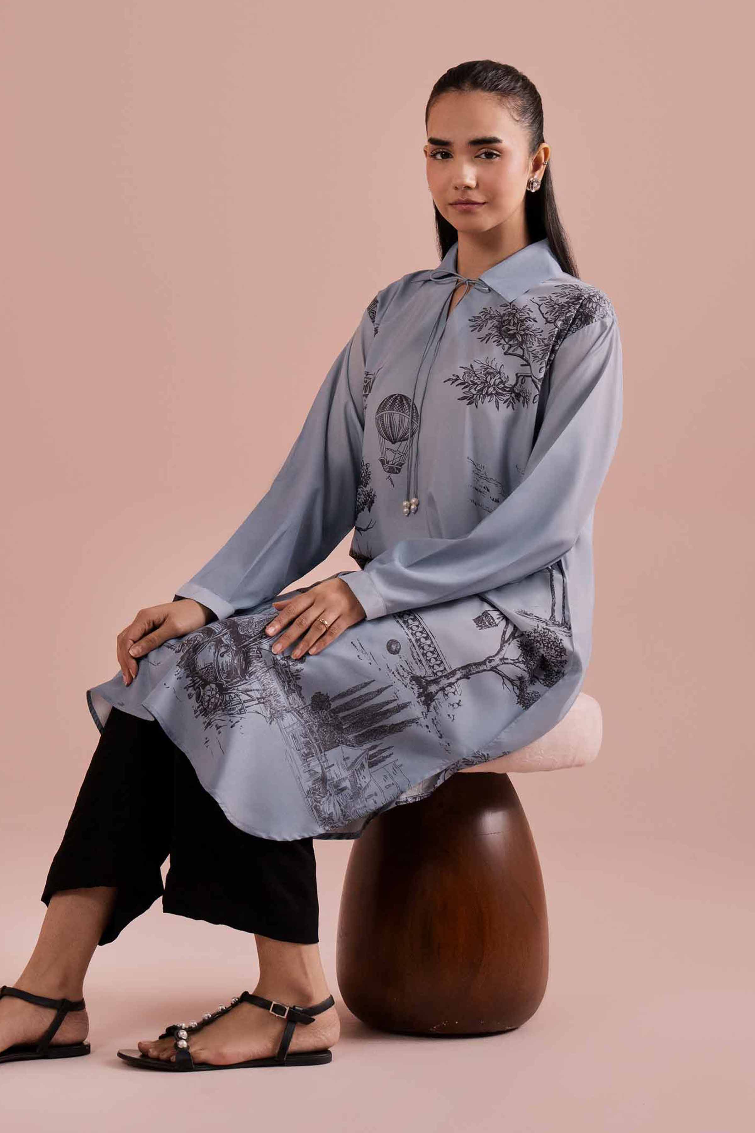 NishatUK - Blue Printed Silk 1-piece ready to wear Tunic