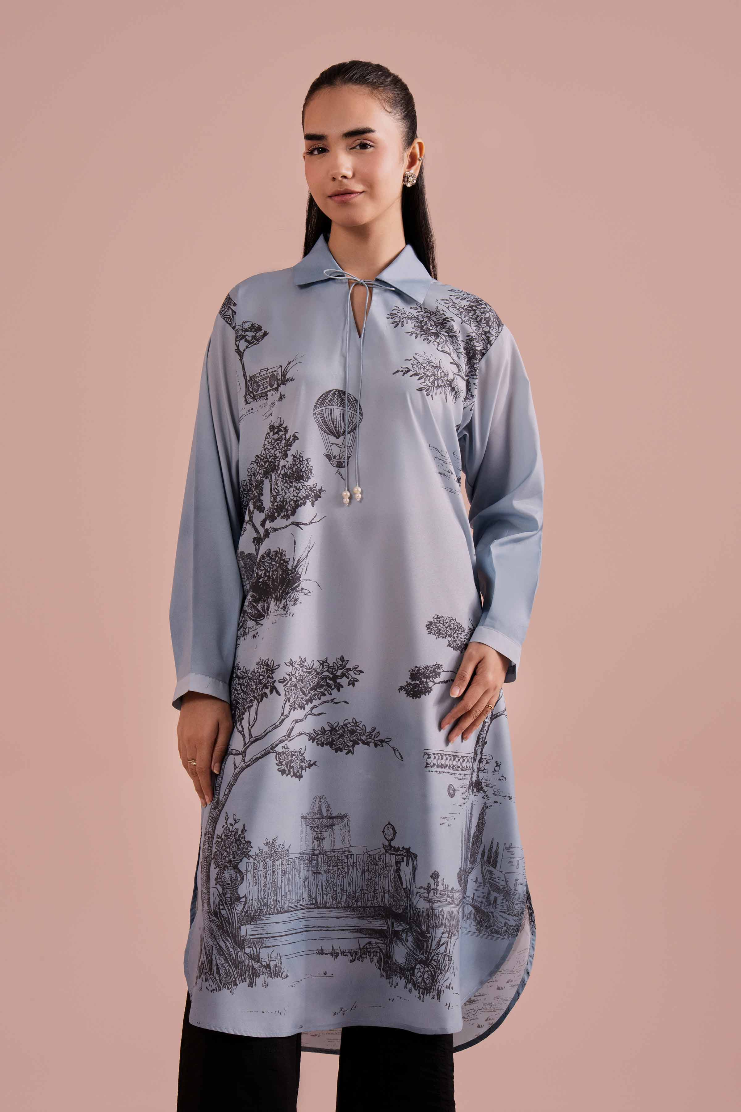 NishatUK - Blue Printed Silk 1-piece ready to wear Tunic