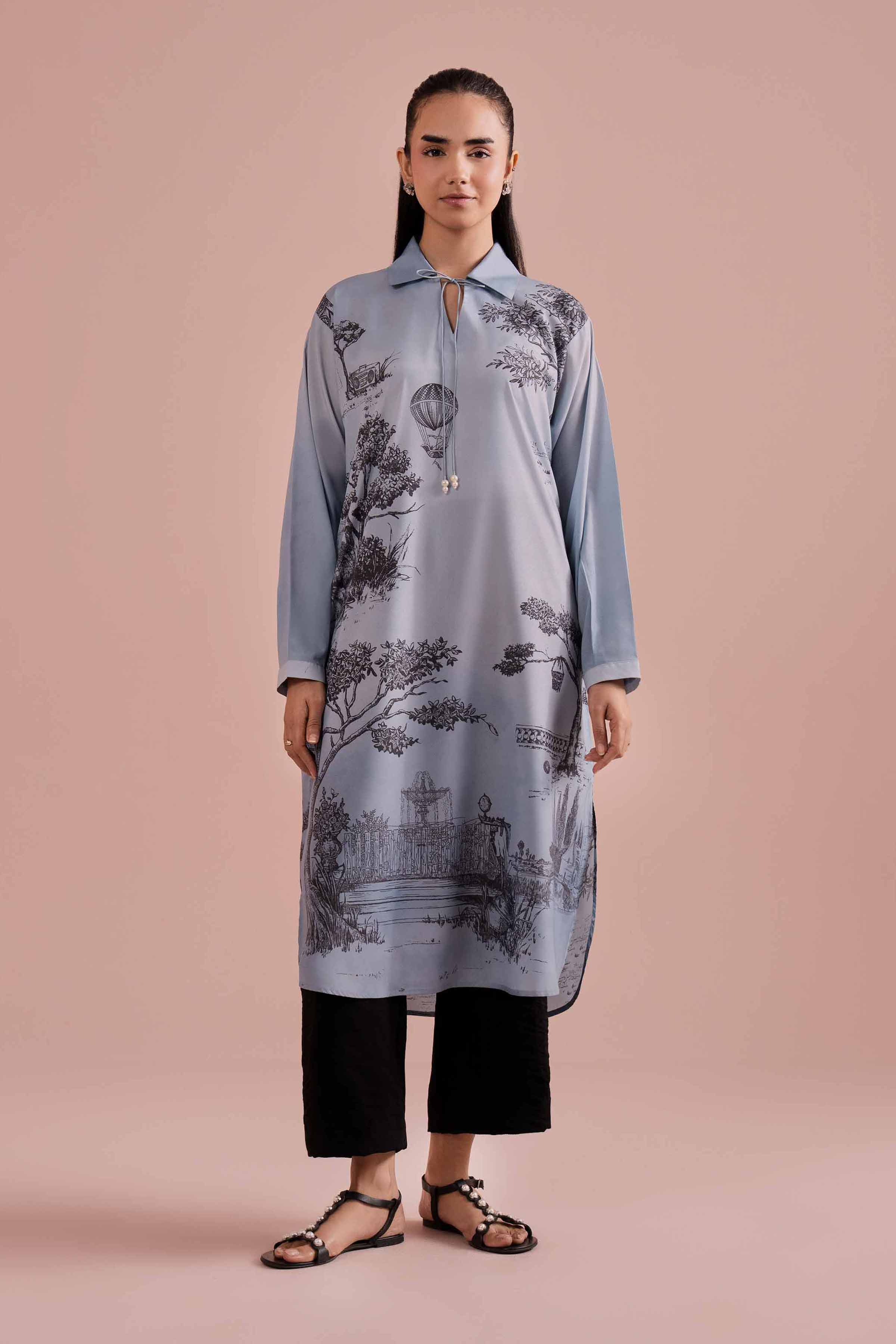 NishatUK - Blue Printed Silk 1-piece ready to wear Tunic