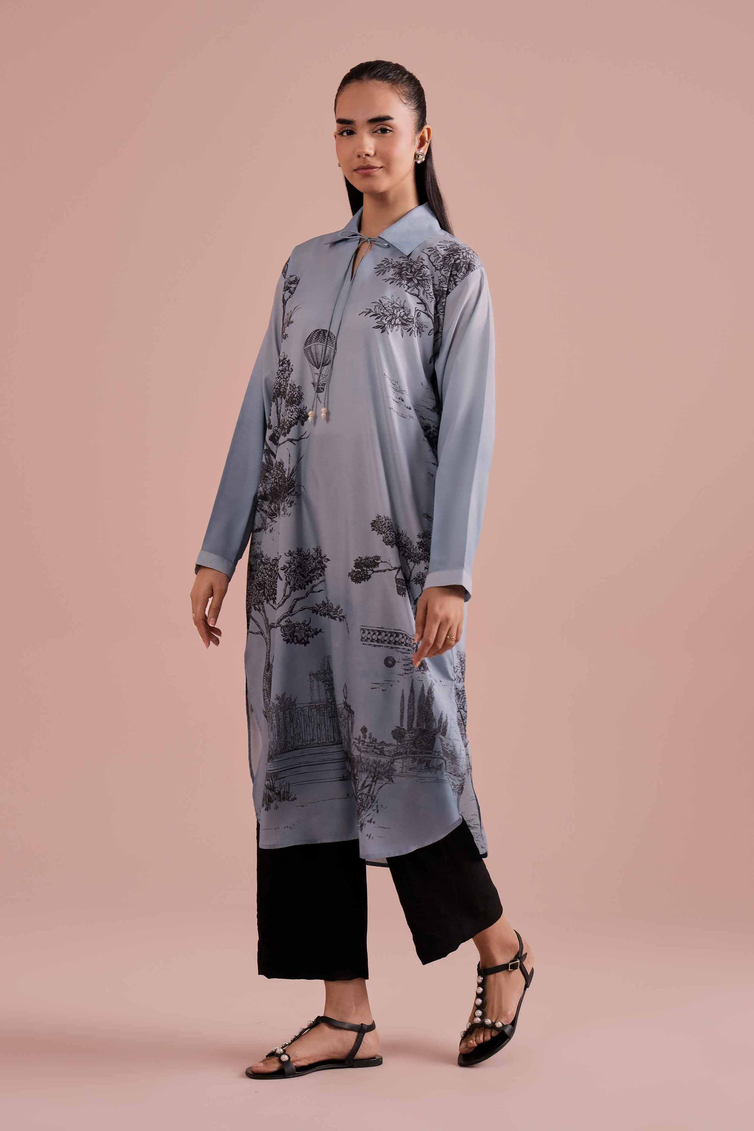 NishatUK - Blue Printed Silk 1-piece ready to wear Tunic