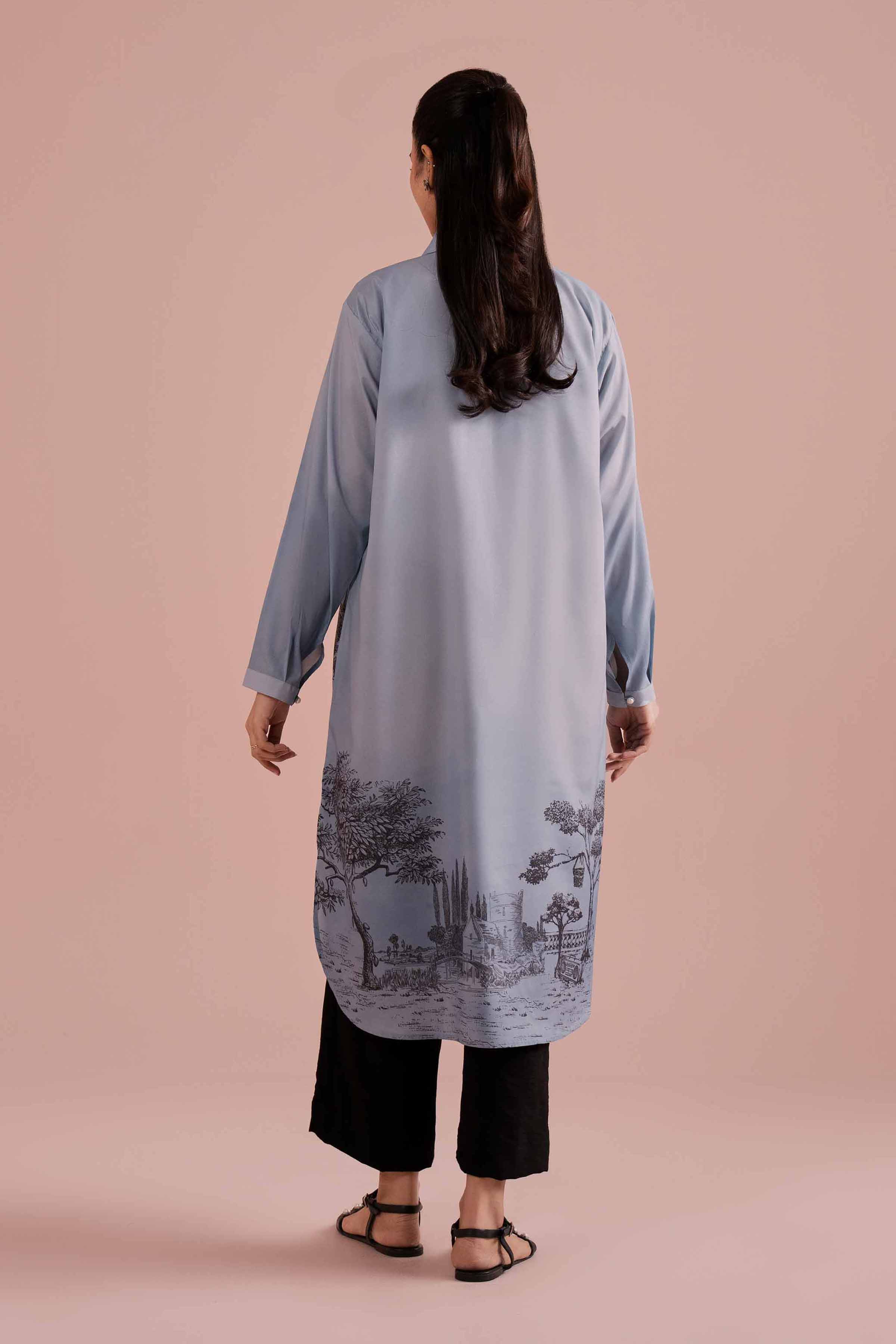 NishatUK - Blue Printed Silk 1-piece ready to wear Tunic