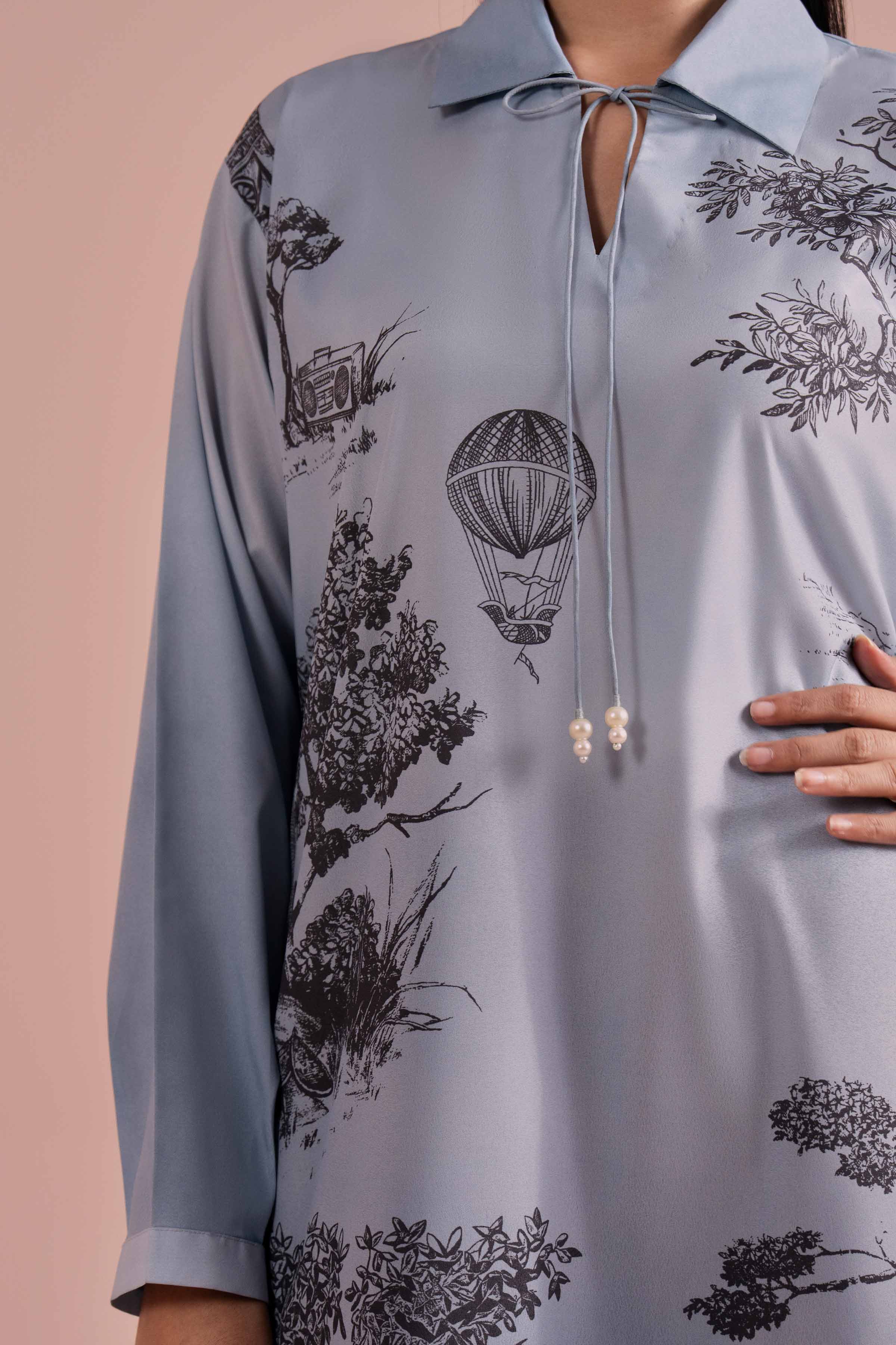 NishatUK - Blue Printed Silk 1-piece ready to wear Tunic