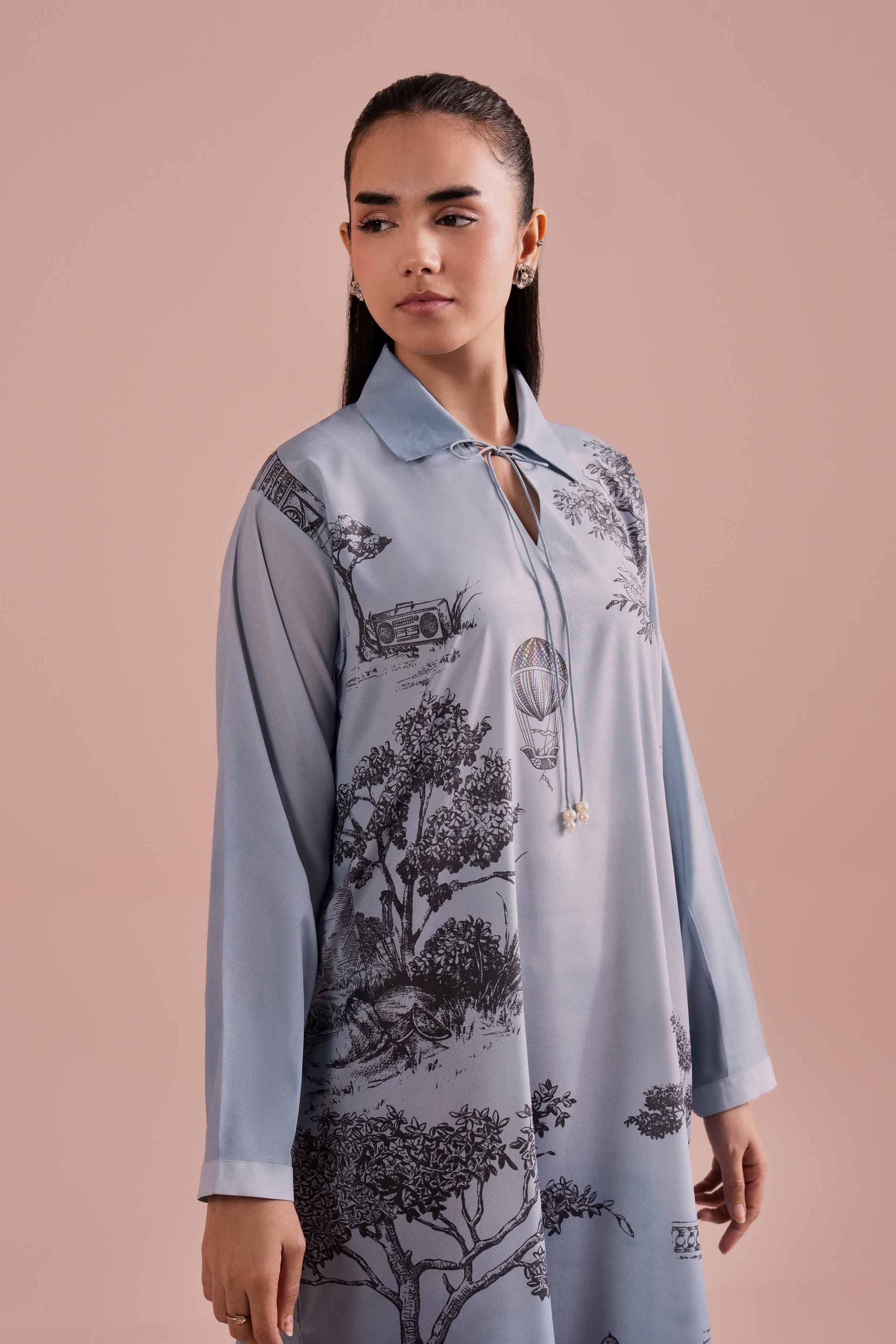 NishatUK - Blue Printed Silk 1-piece ready to wear Tunic