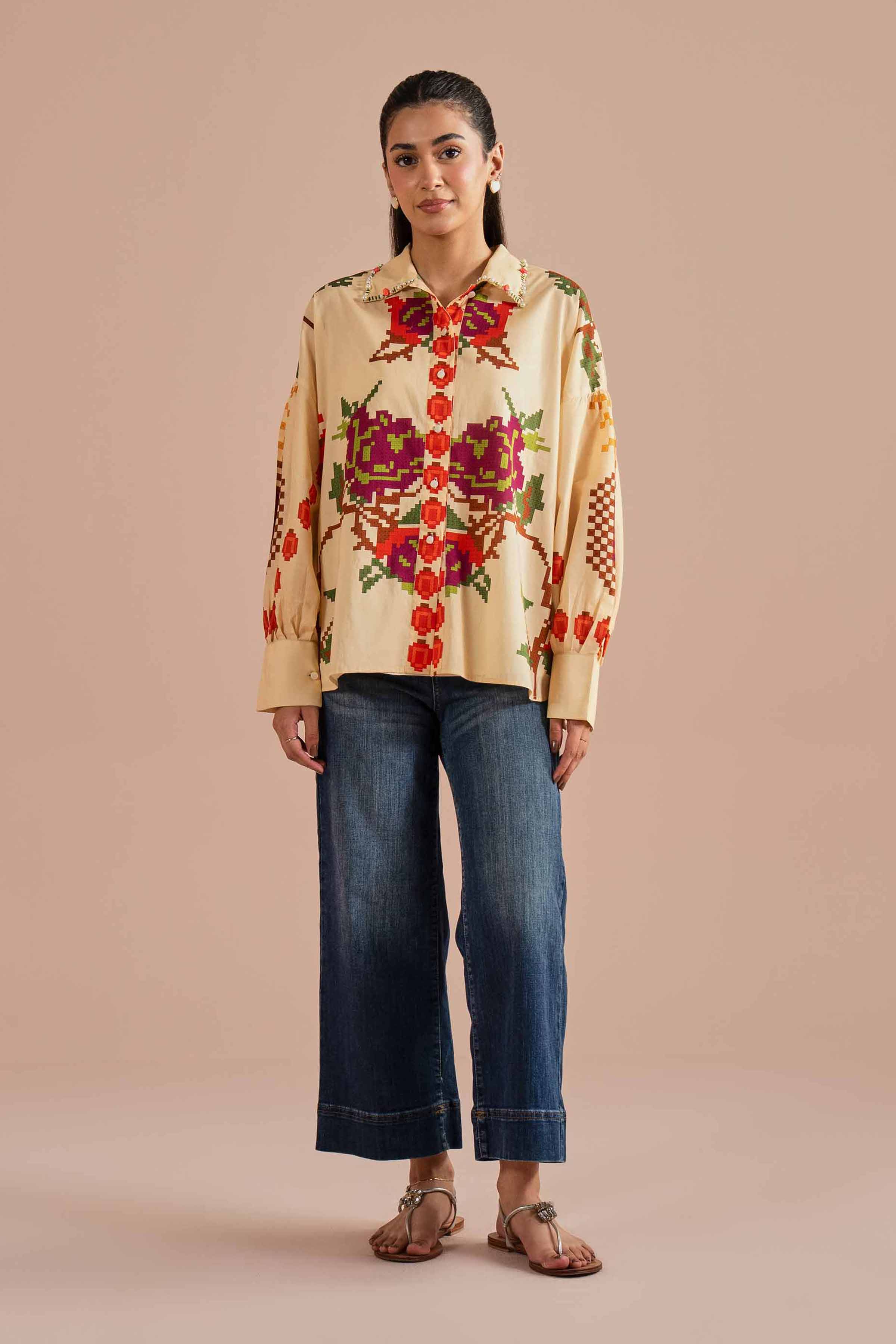 NishatUK - Beige Printed Cambric 1-piece ready to wear Shirt