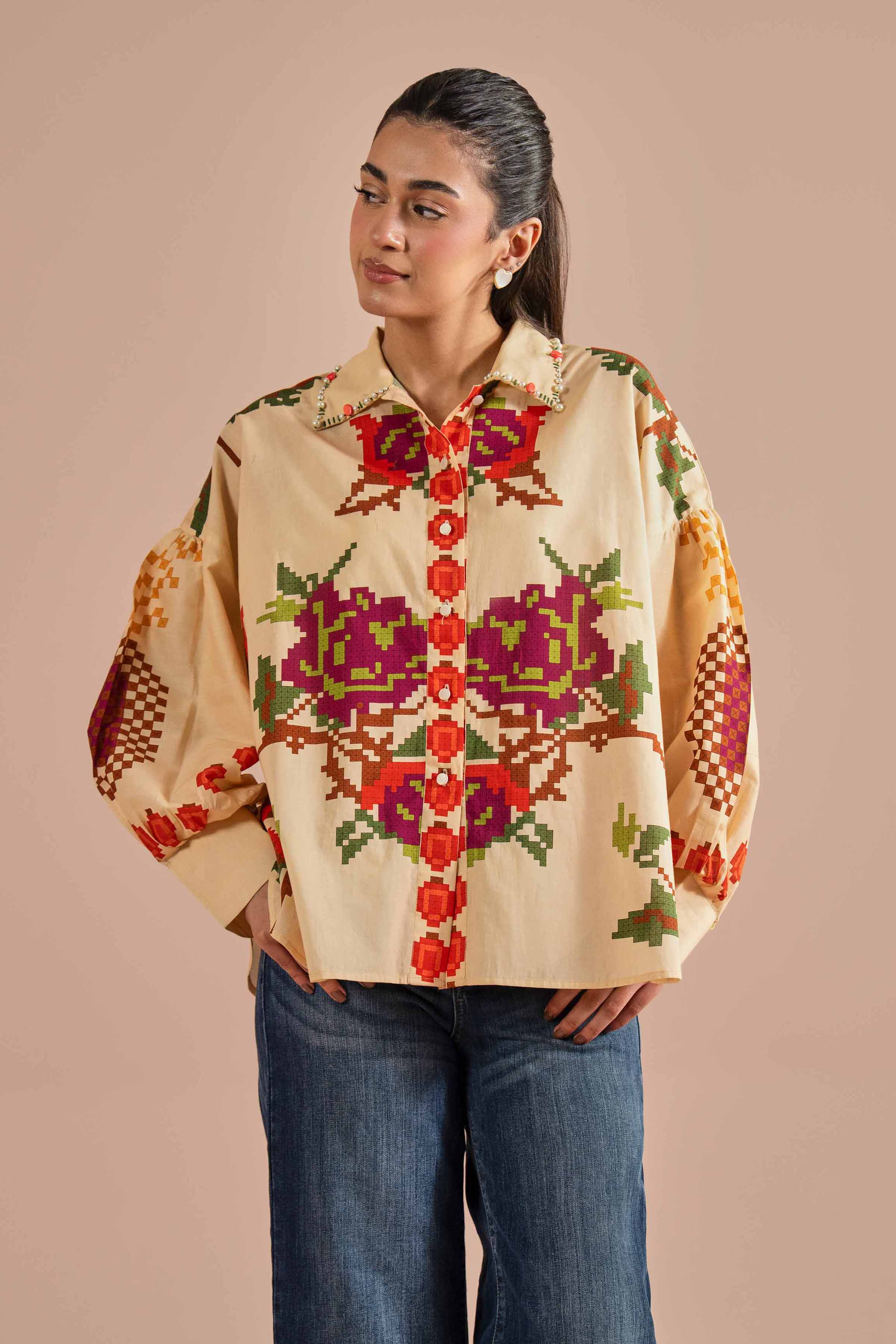 NishatUK - Beige Printed Cambric 1-piece ready to wear Shirt