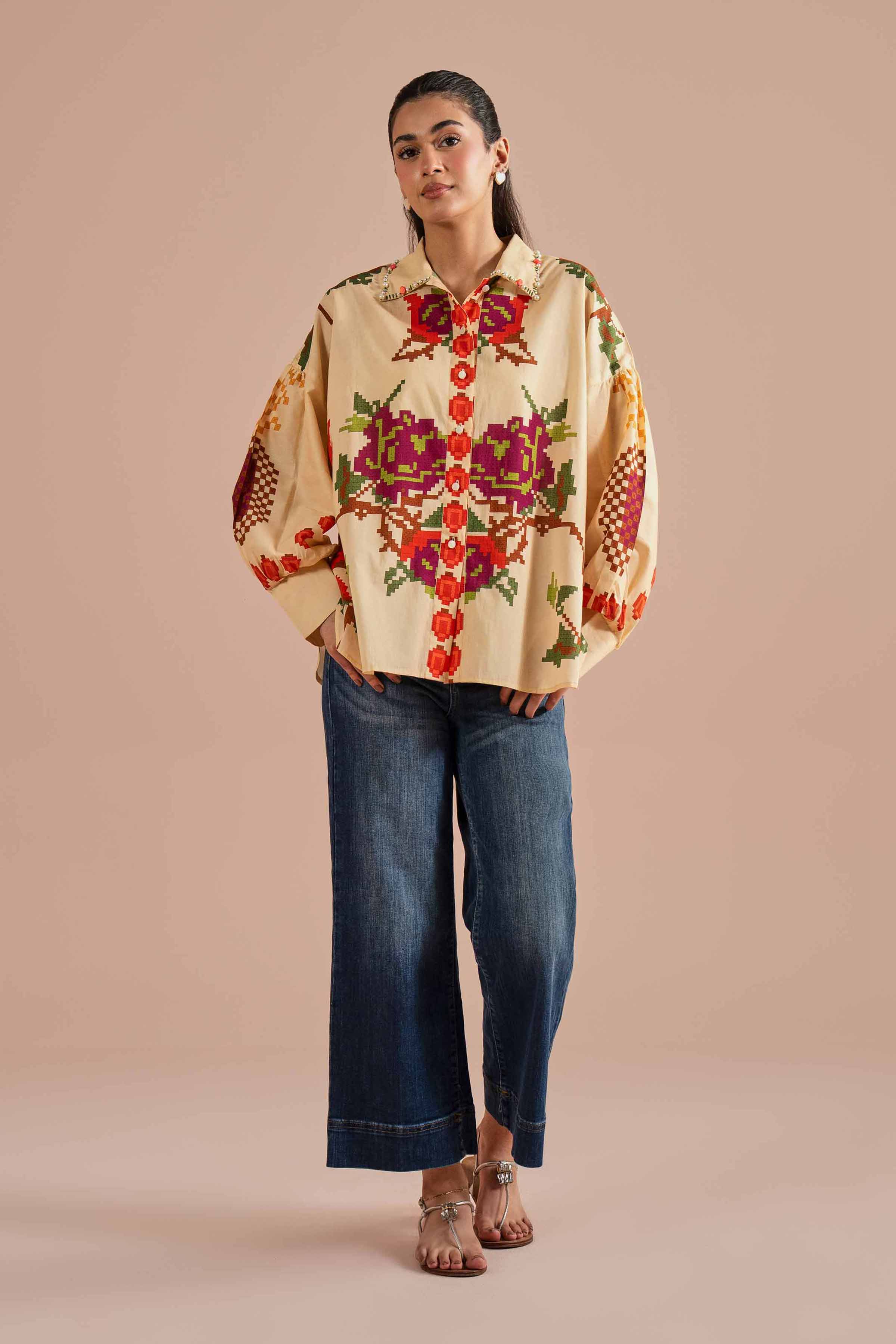 NishatUK - Beige Printed Cambric 1-piece ready to wear Shirt