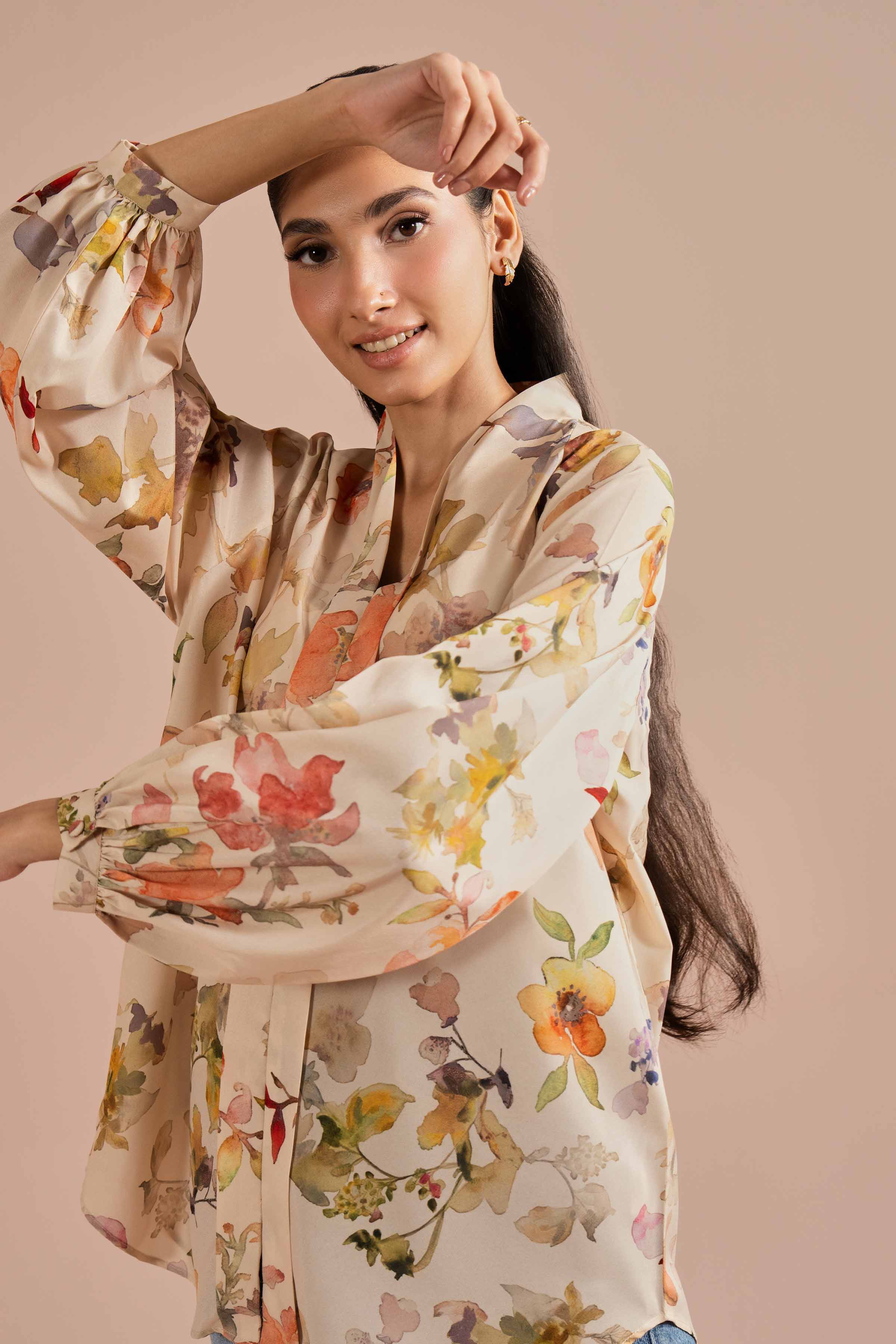 NishatUK - Beige Printed Silk 1-piece ready to wear tunic