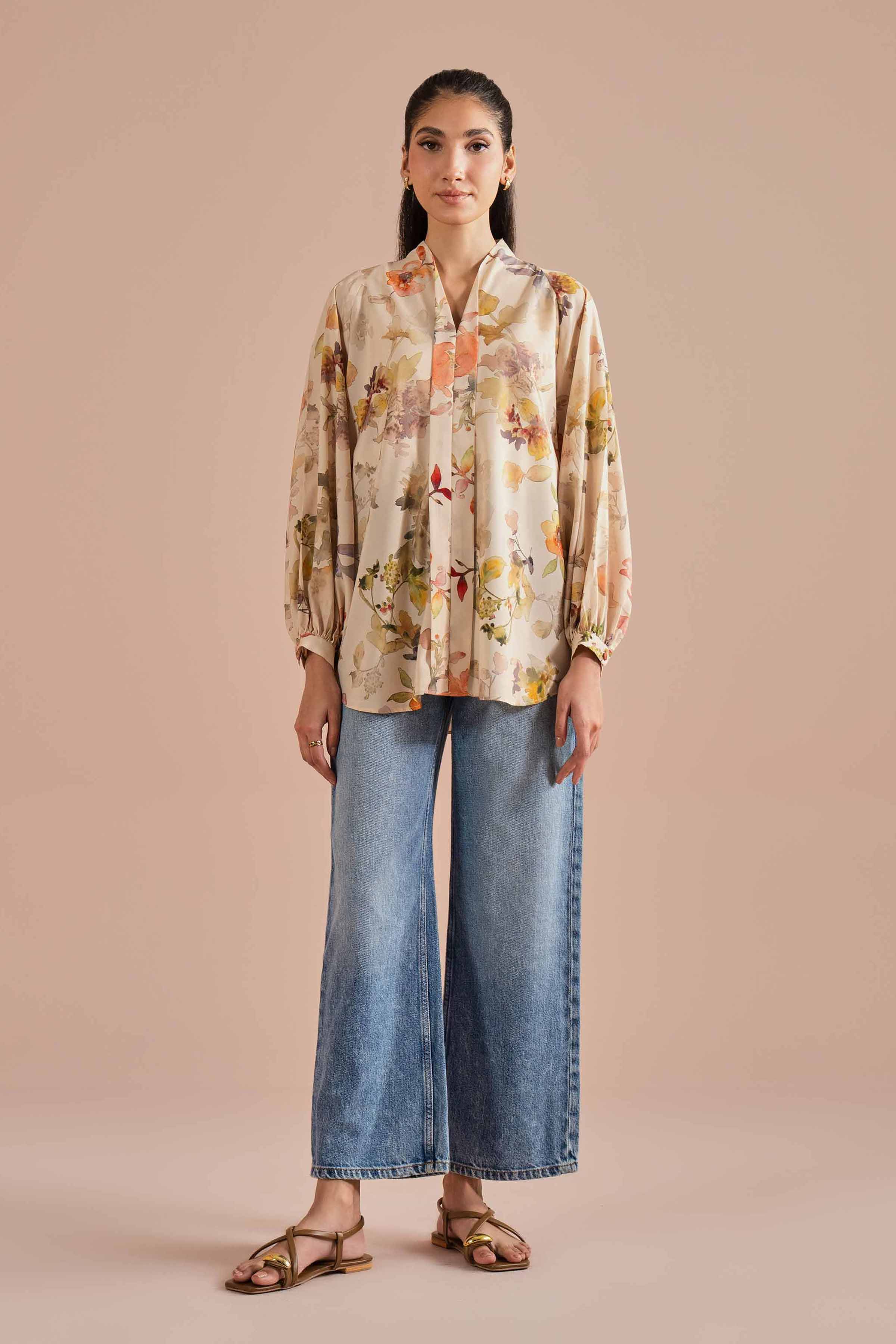 NishatUK - Beige Printed Silk 1-piece ready to wear tunic