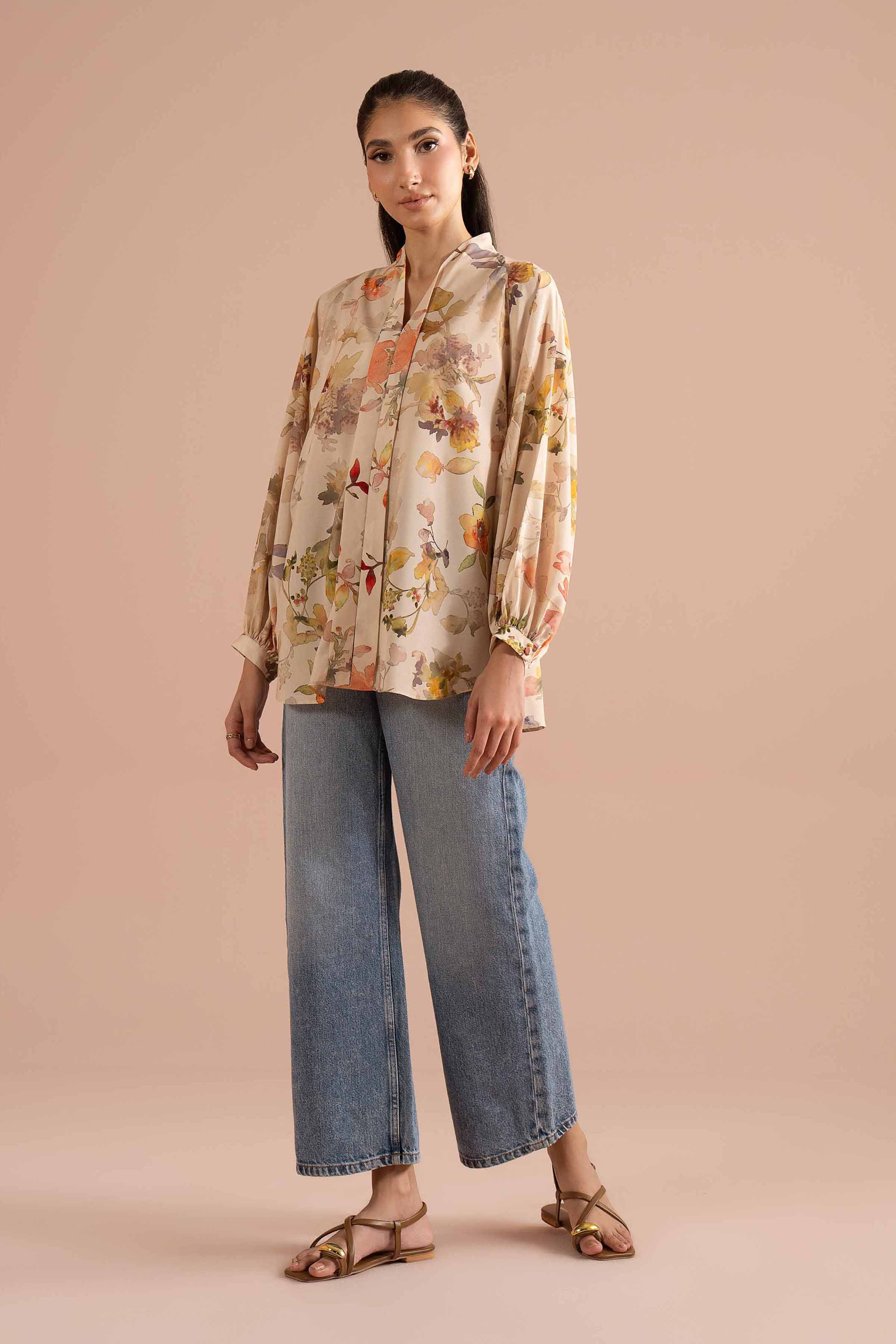 NishatUK - Beige Printed Silk 1-piece ready to wear tunic