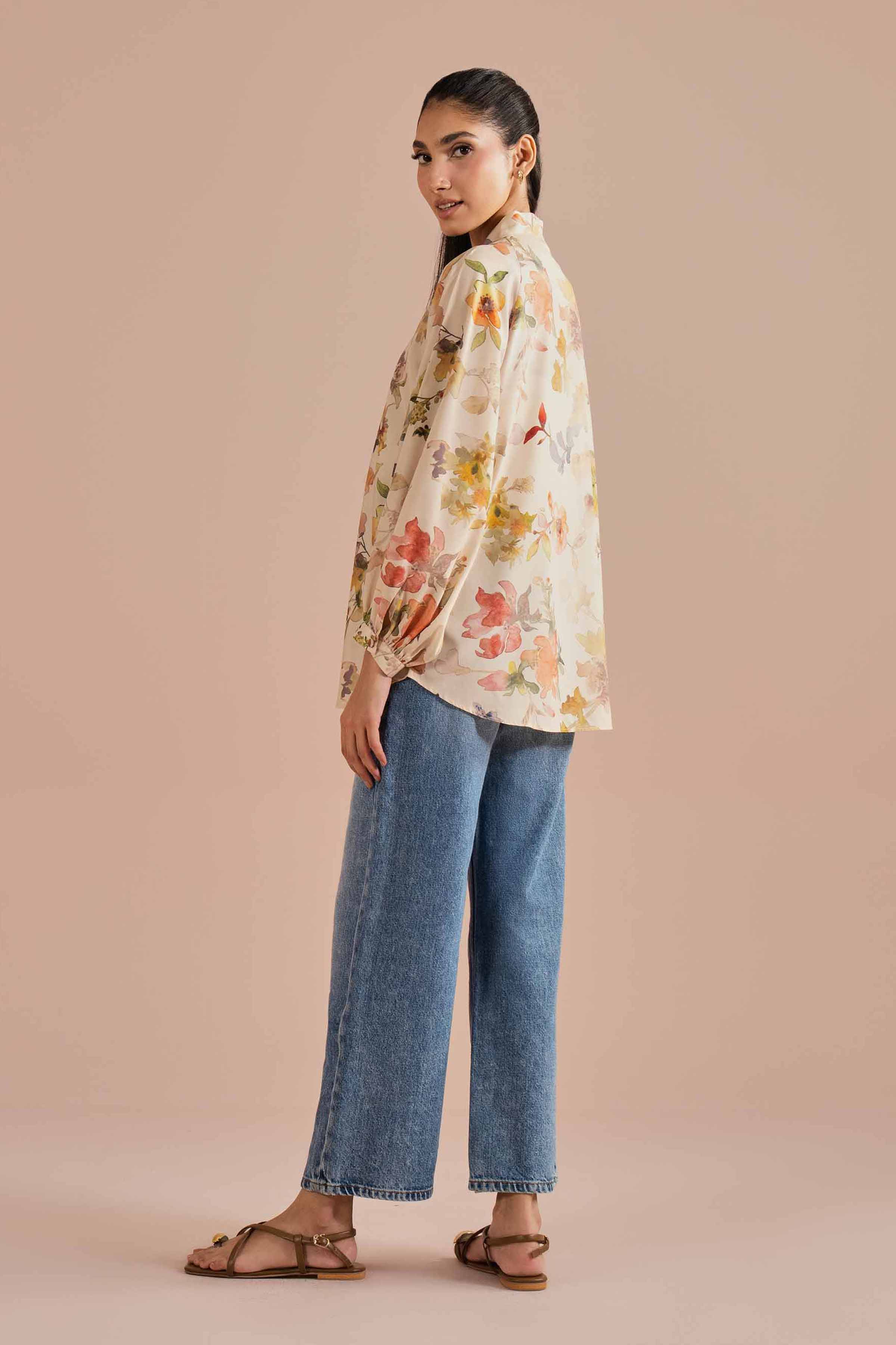 NishatUK - Beige Printed Silk 1-piece ready to wear tunic