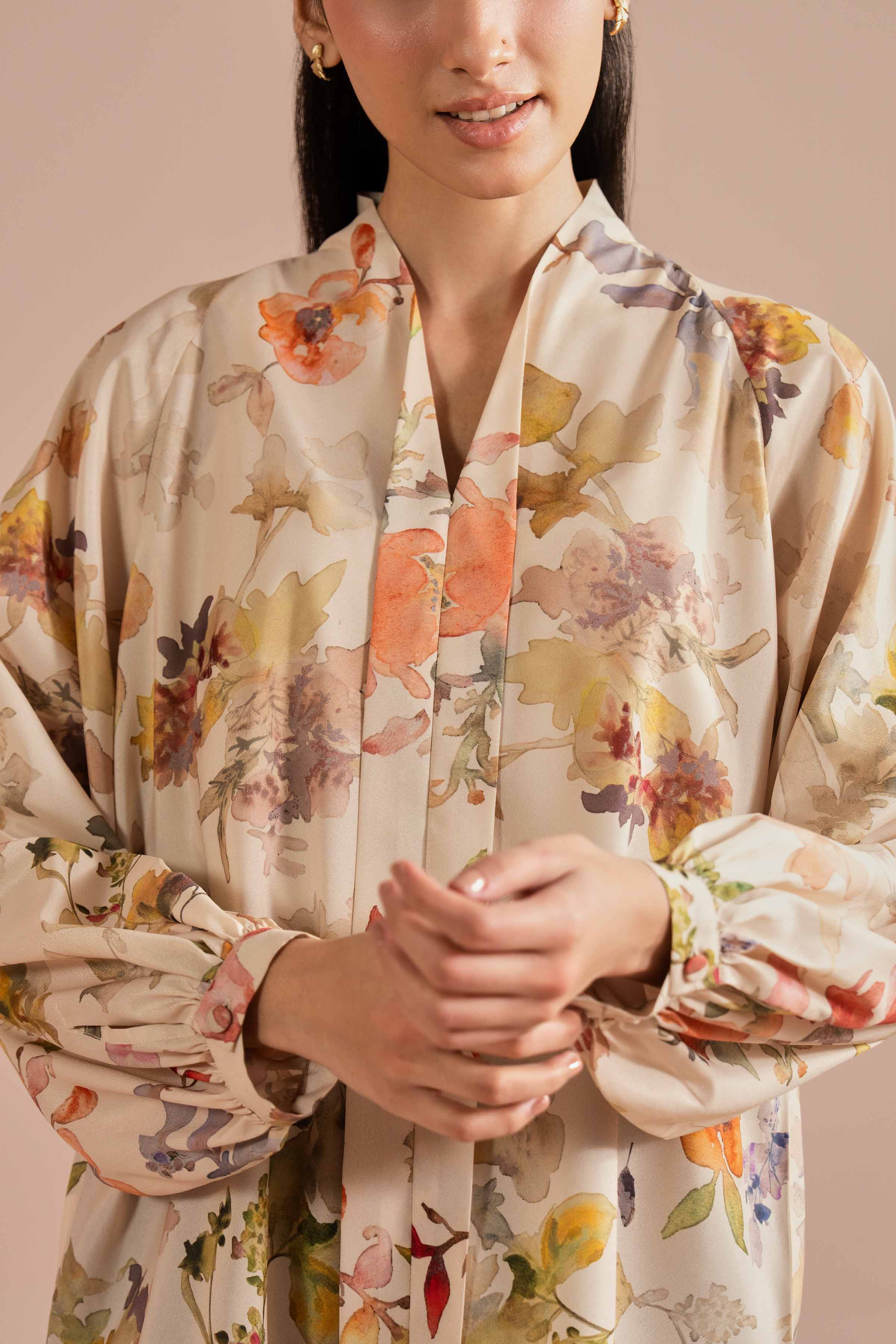 NishatUK - Beige Printed Silk 1-piece ready to wear tunic