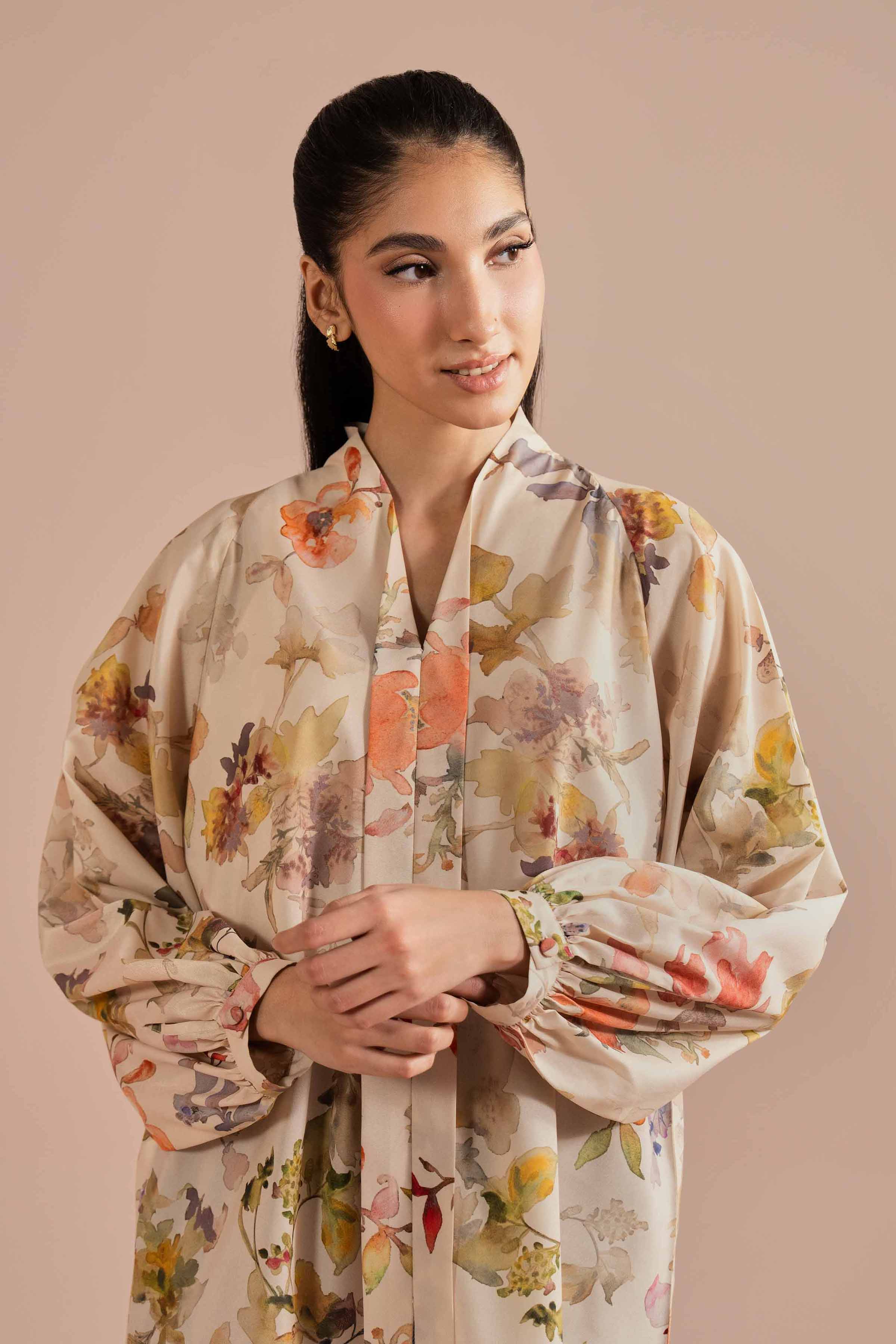 NishatUK - Beige Printed Silk 1-piece ready to wear tunic