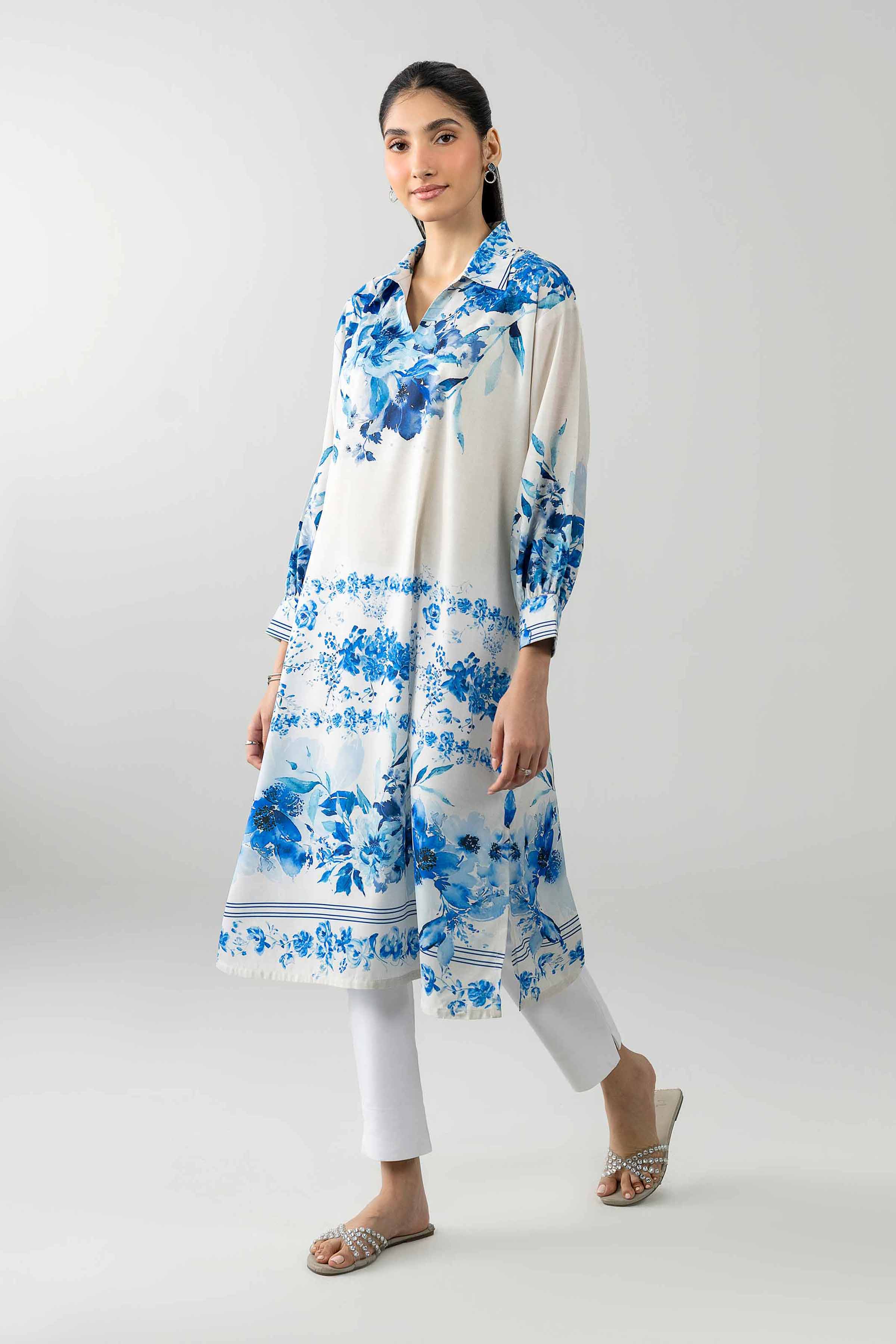 Nishat UK - White Printed Silk 1-piece ready to wear tunic