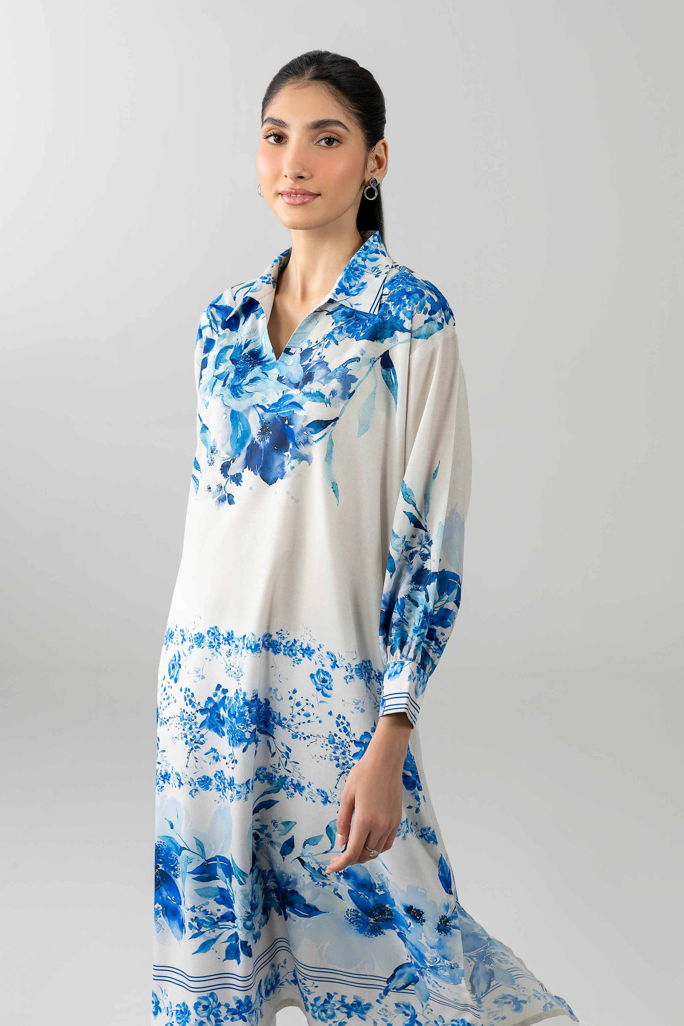 Nishat UK - White Printed Silk 1-piece ready to wear tunic
