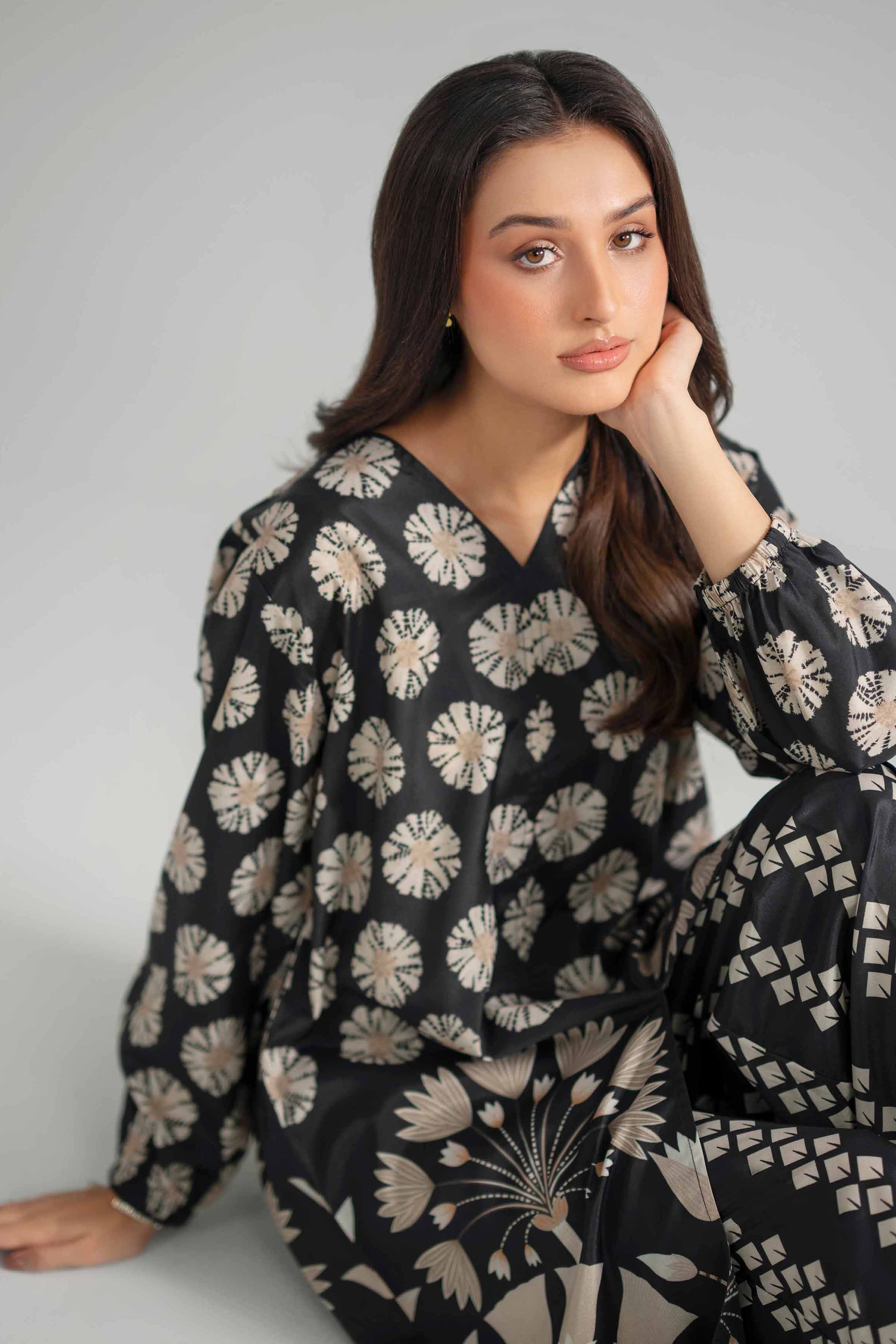 Nishat UK - Black Printed Silk 2-piece ready to wear Dress
