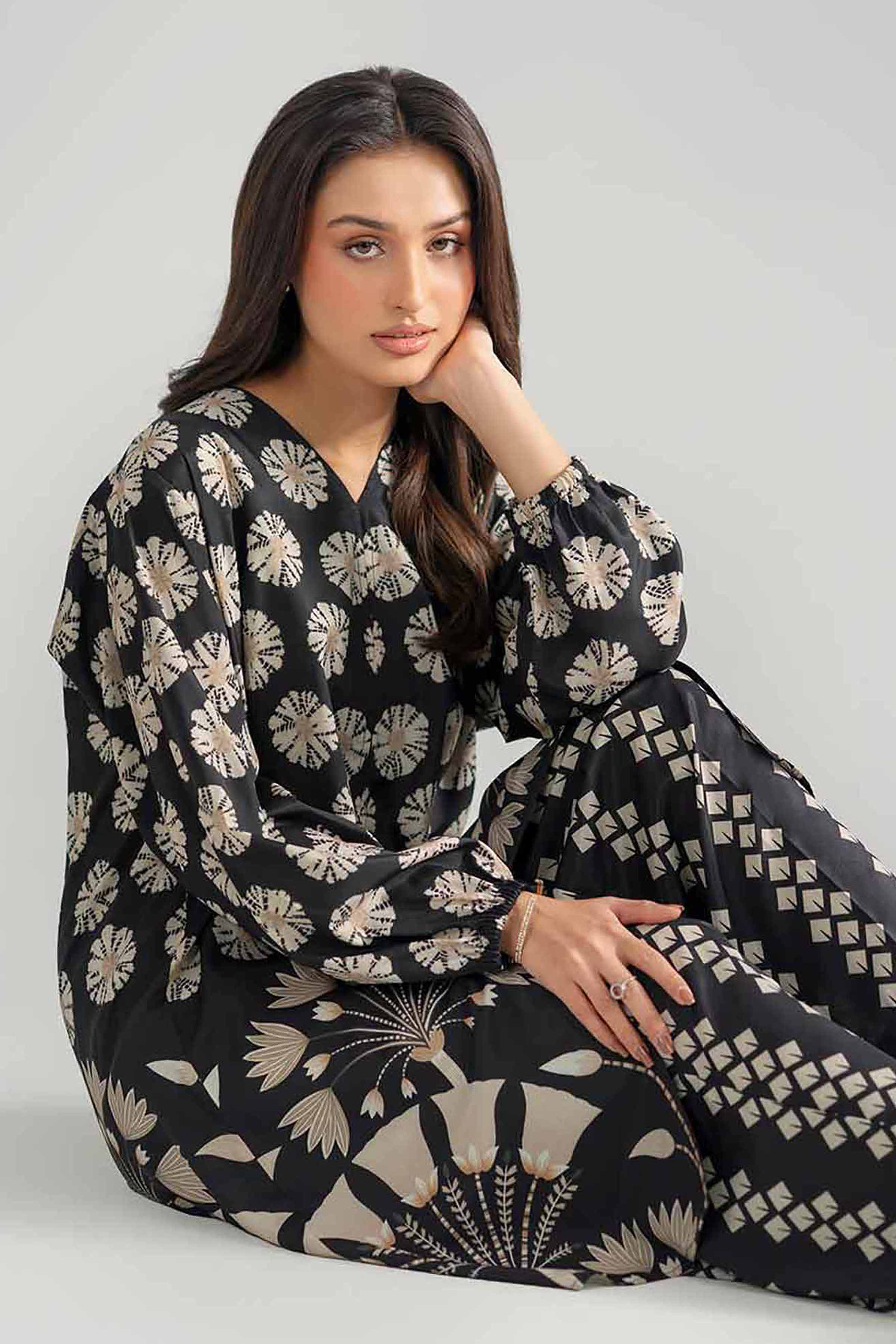 Nishat UK - Black Printed Silk 2-piece ready to wear Dress