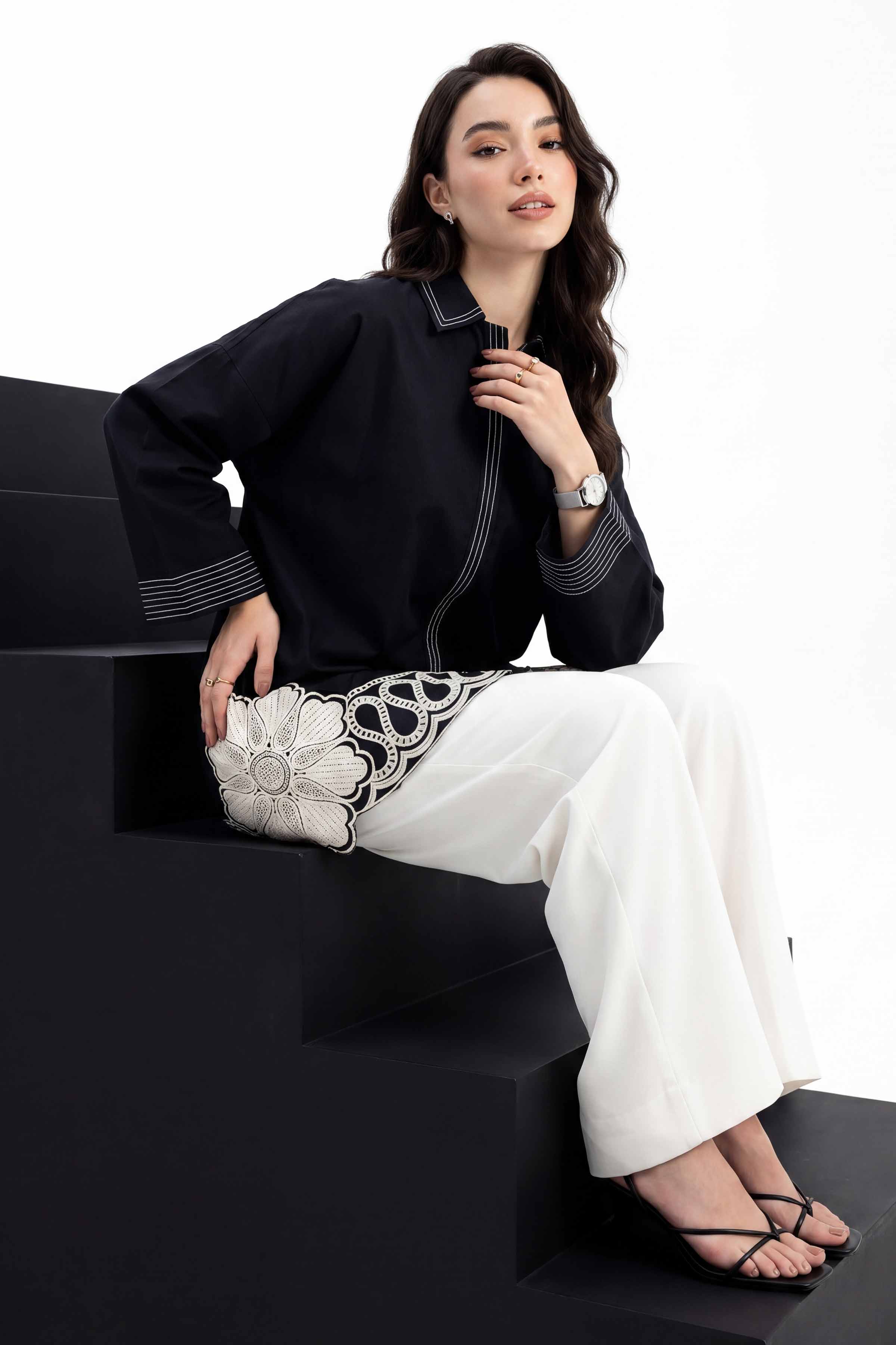 Nishat UK - Black Embroidered Cambric 1 Piece ready to wear tunic