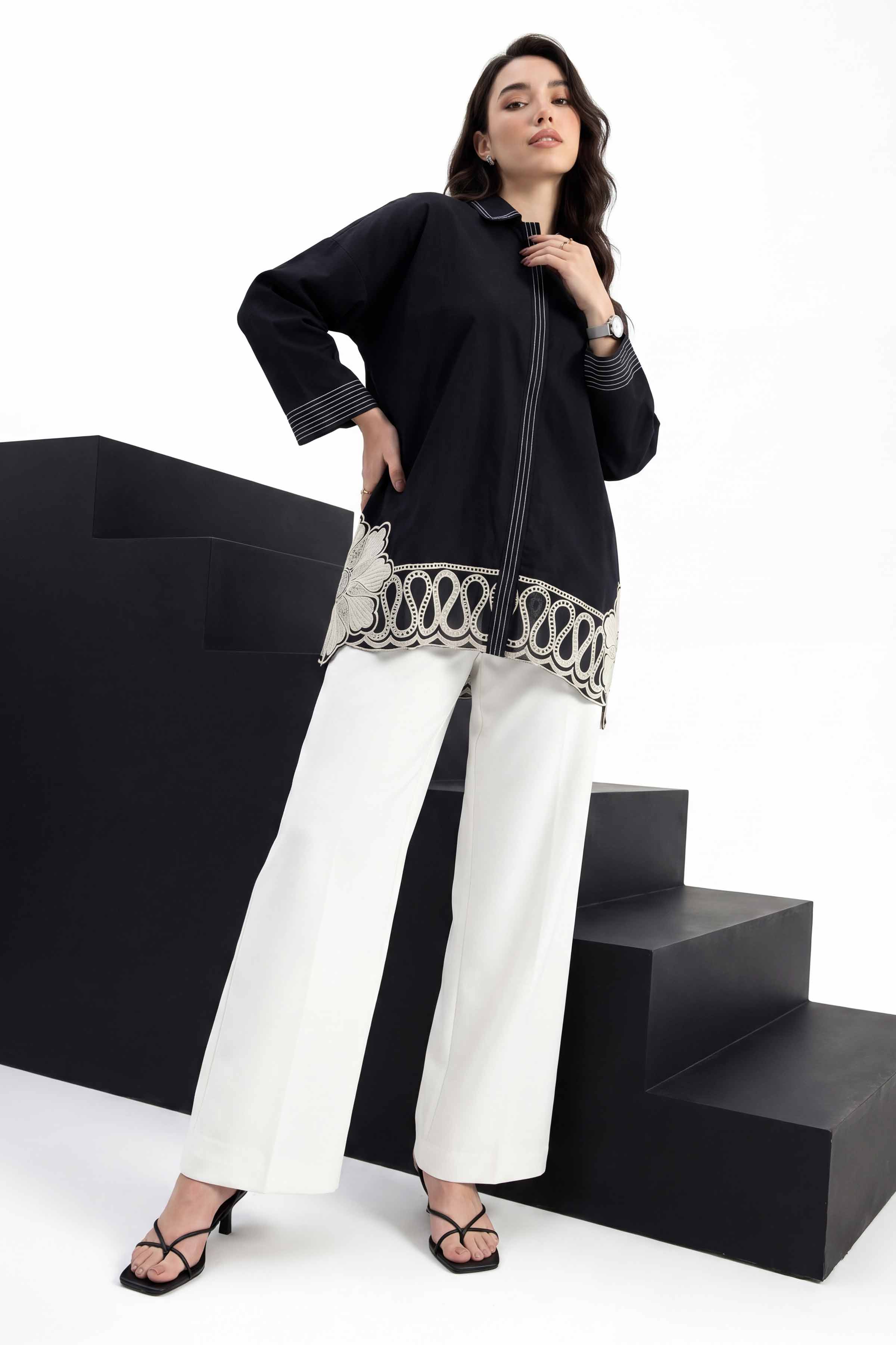 Nishat UK - Black Embroidered Cambric 1 Piece ready to wear tunic