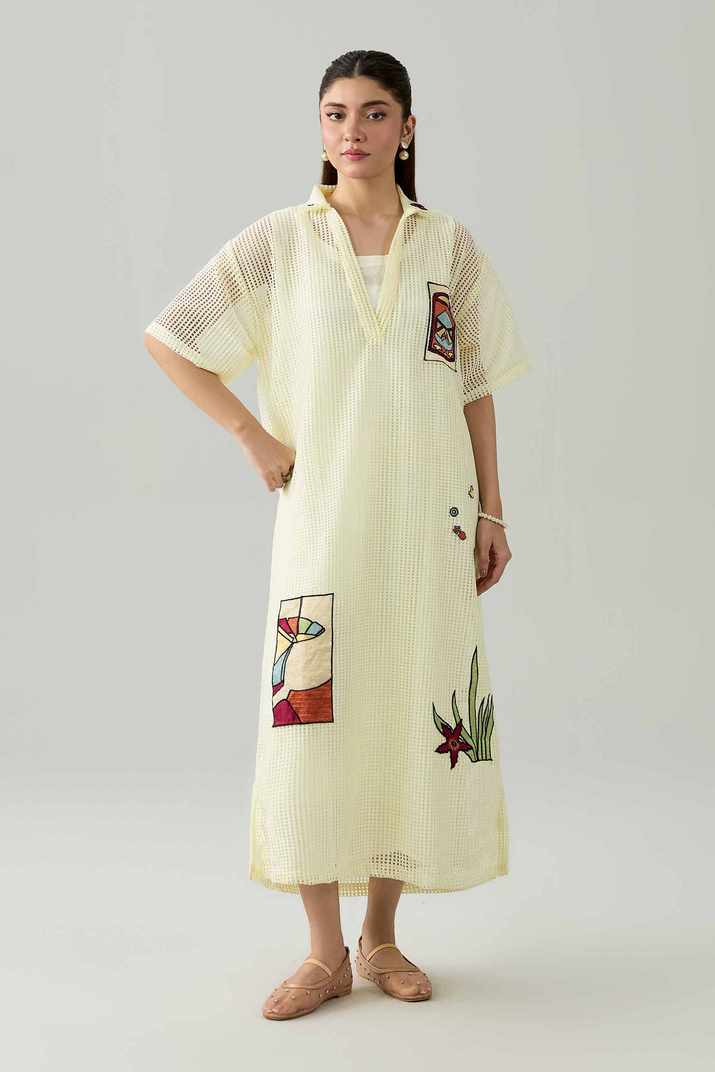 Nishat UK - Off White Embroidered Net 1 Piece ready to wear Dress