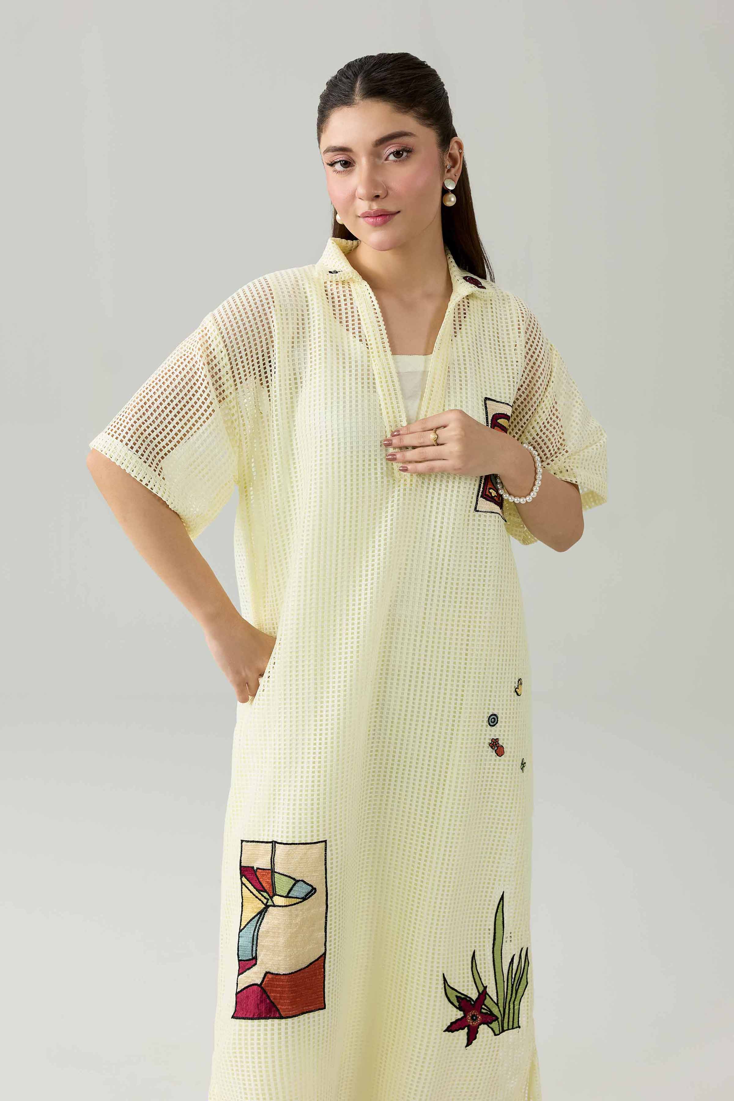 Nishat UK - Off White Embroidered Net 1 Piece ready to wear Dress