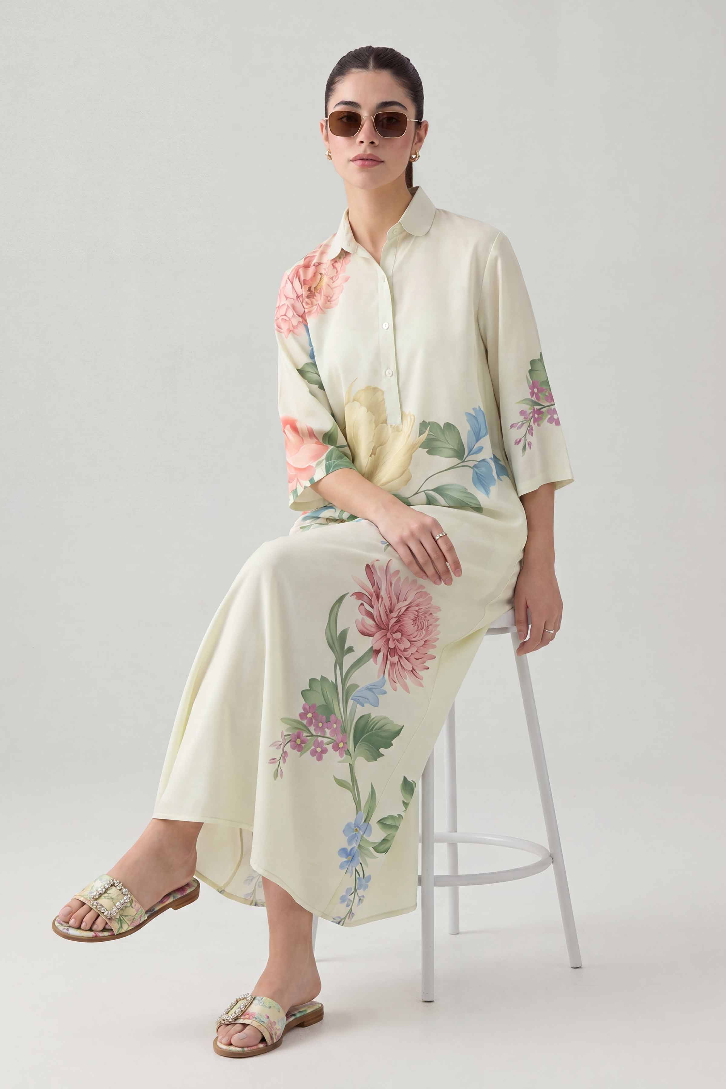 Nishat UK - Off White Printed Silk 1 Piece ready to wear Dress