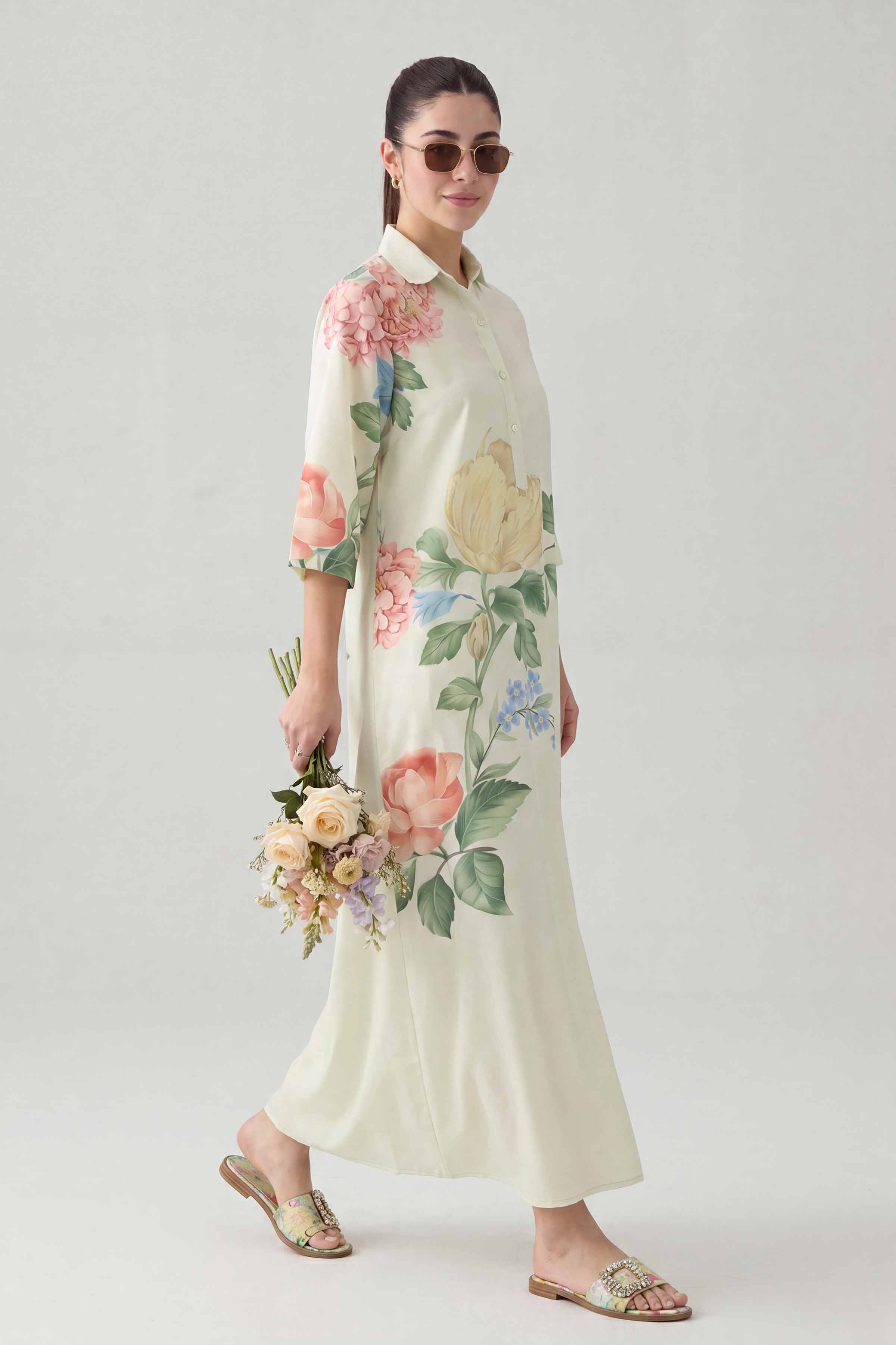 Nishat UK - Off White Printed Silk 1 Piece ready to wear Dress