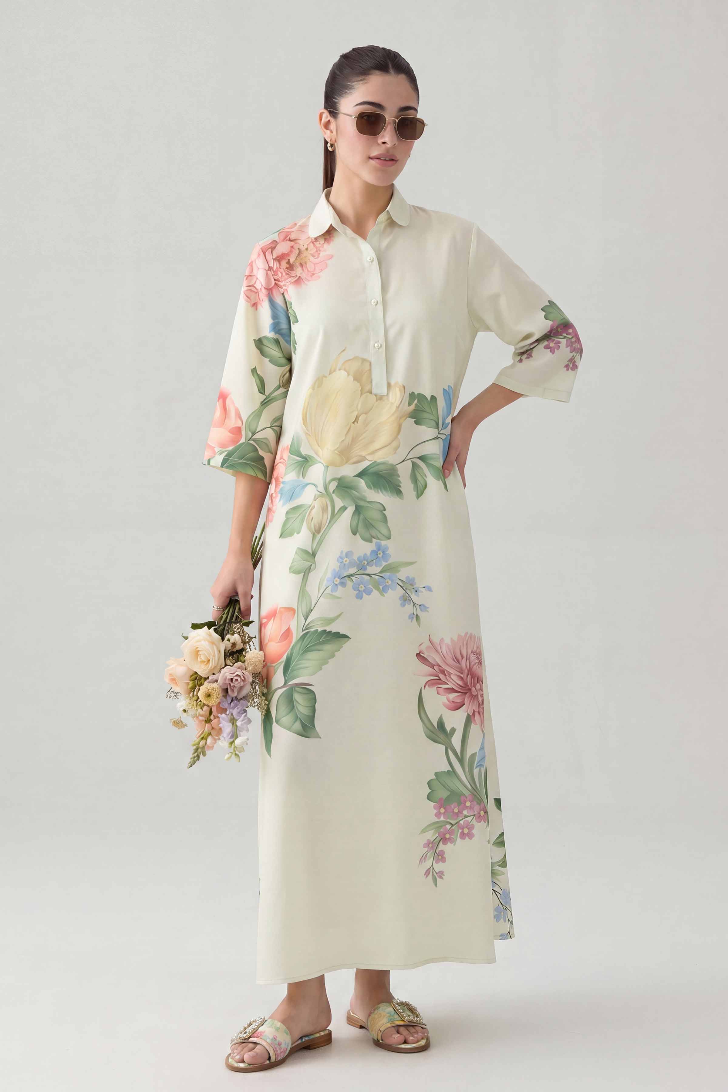 Nishat UK - Off White Printed Silk 1 Piece ready to wear Dress