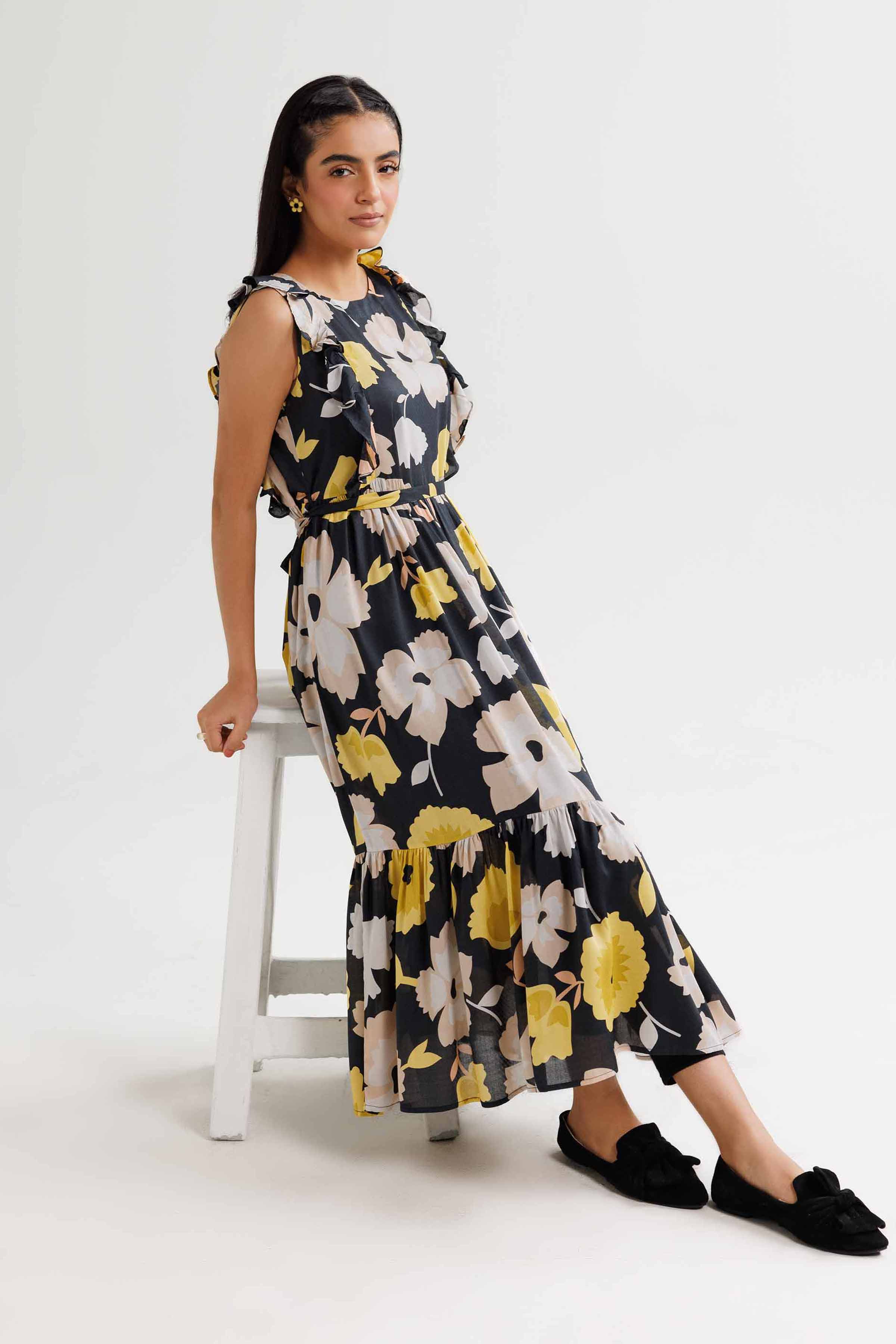 NishatUK - Black Printed Dobby 1-piece ready to wear Long Dress