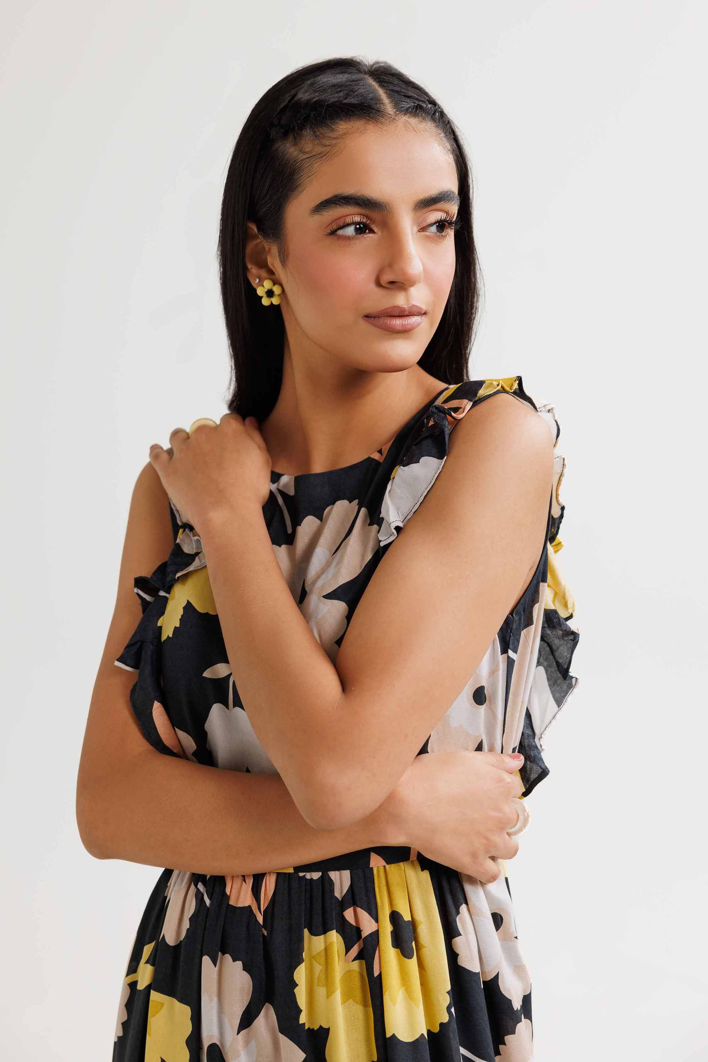 NishatUK - Black Printed Dobby 1-piece ready to wear Long Dress