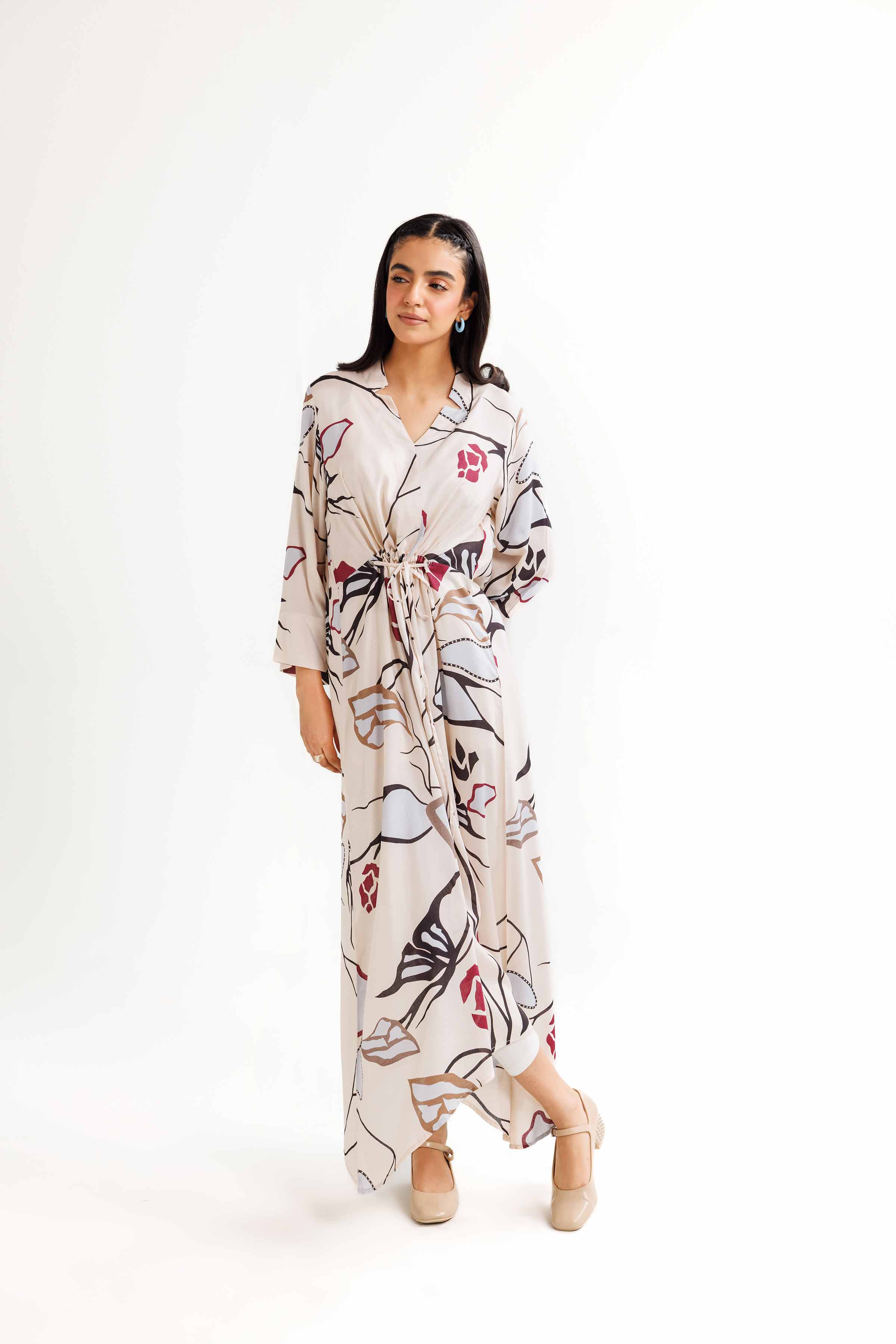 NishatUK - Beige Printed Micro Modal 1-piece ready to wear Long Dress