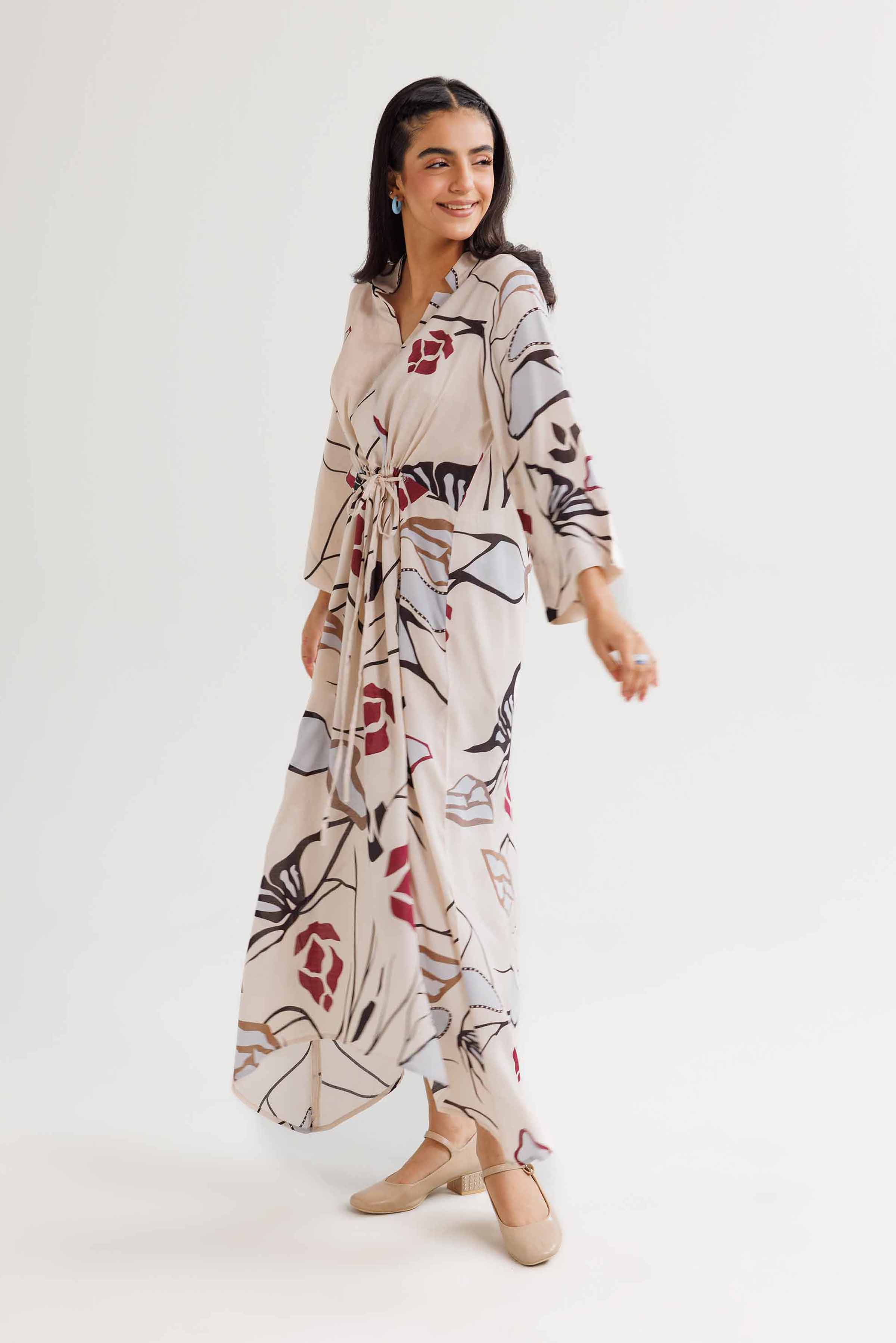 NishatUK - Beige Printed Micro Modal 1-piece ready to wear Long Dress