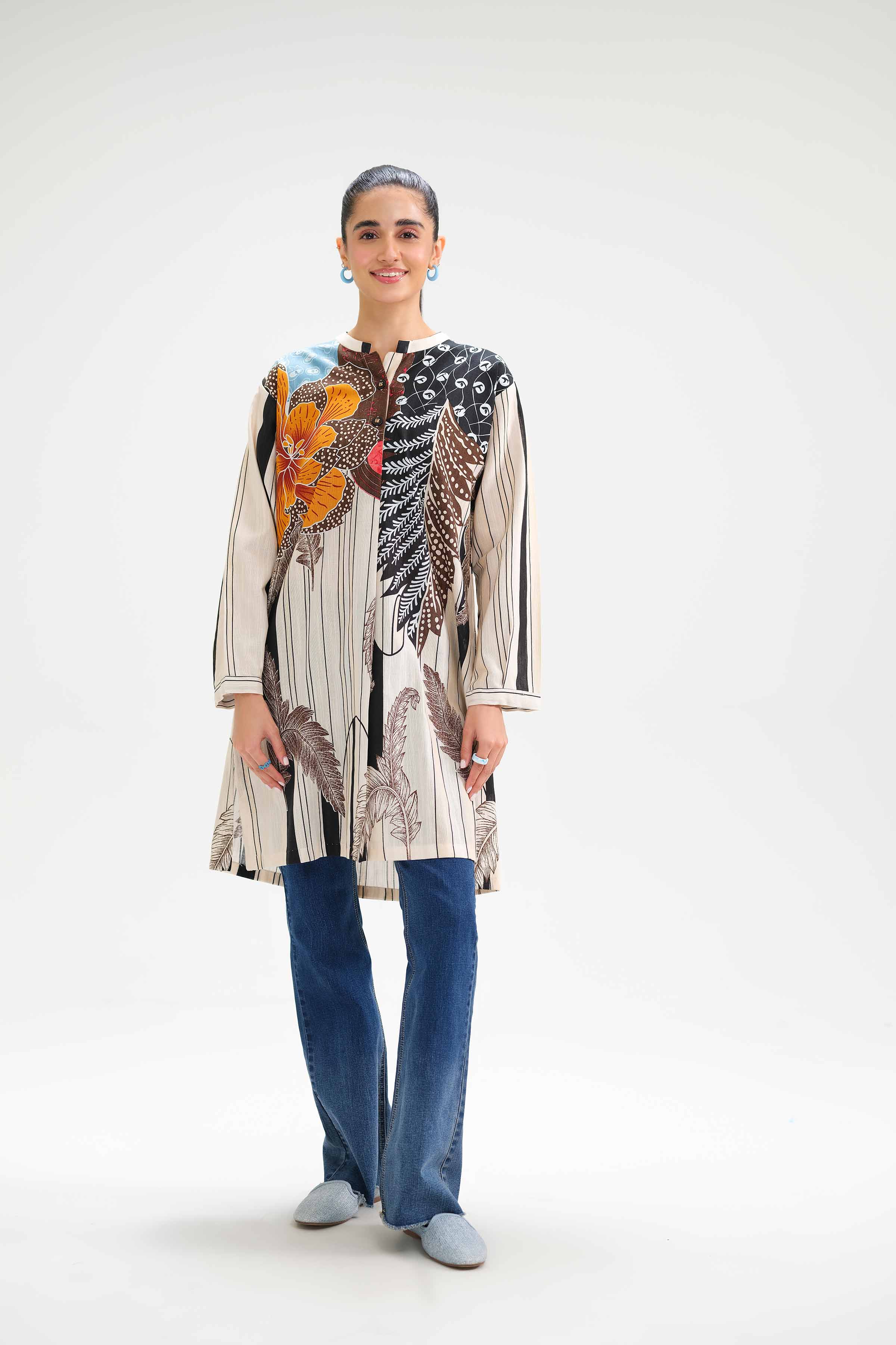 NishatUK - Beige Printed Khaddar 1-piece ready to wear Tunic