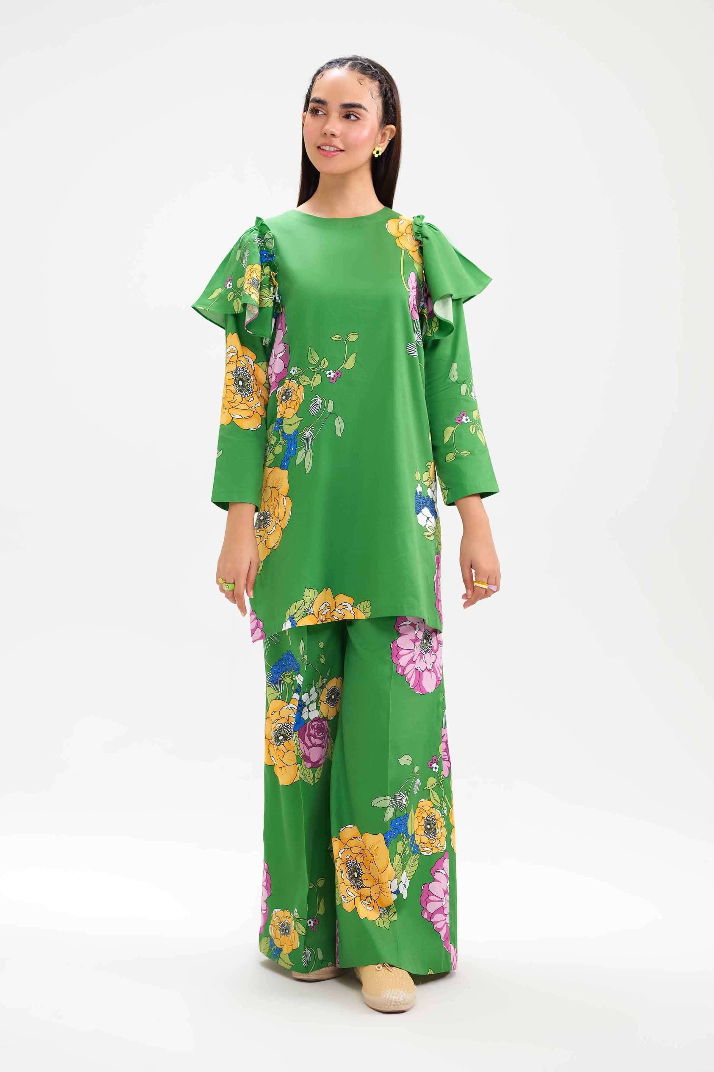NishatUK - Green Printed Satin 2-piece ready to wear Dress