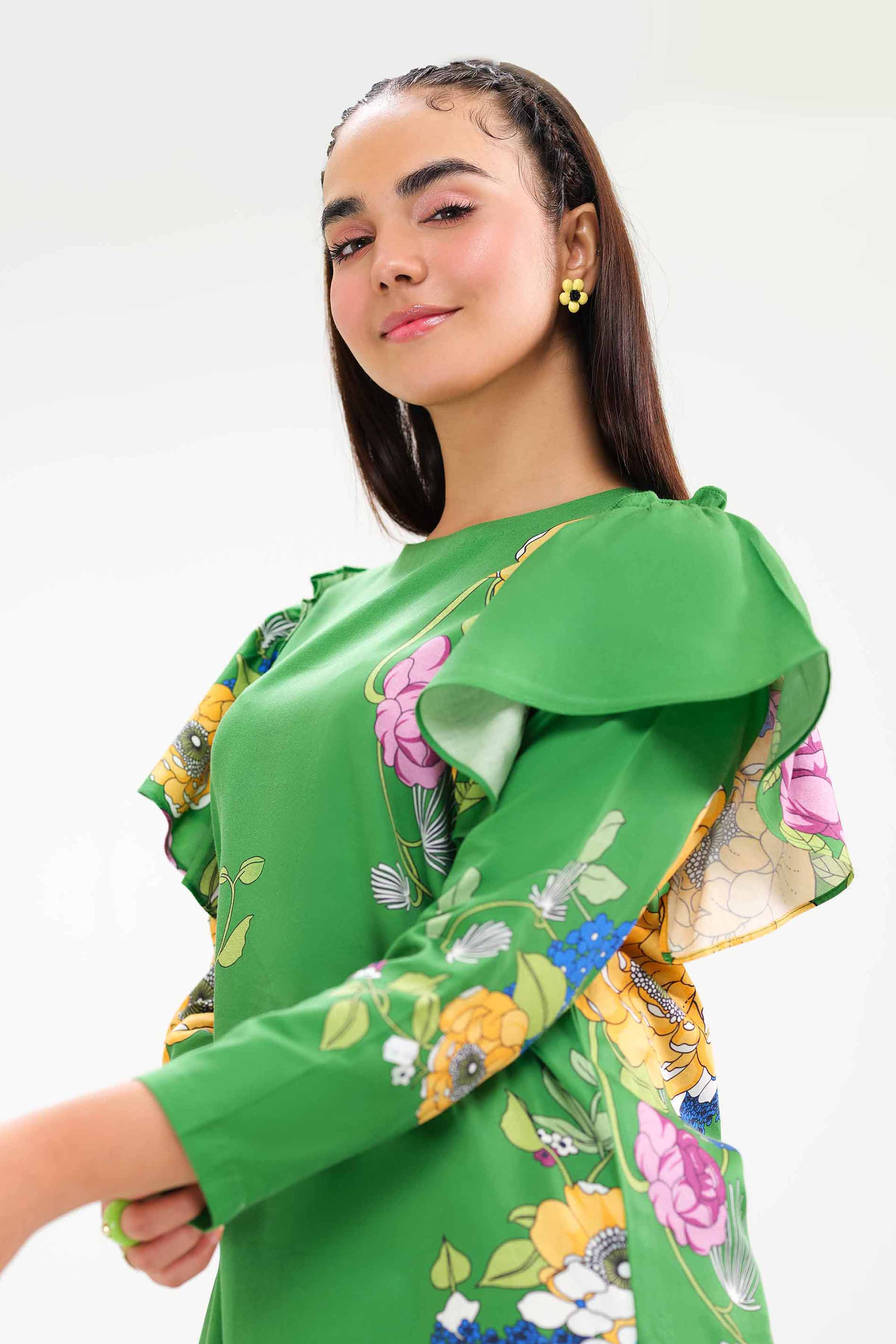 NishatUK - Green Printed Satin 2-piece ready to wear Dress