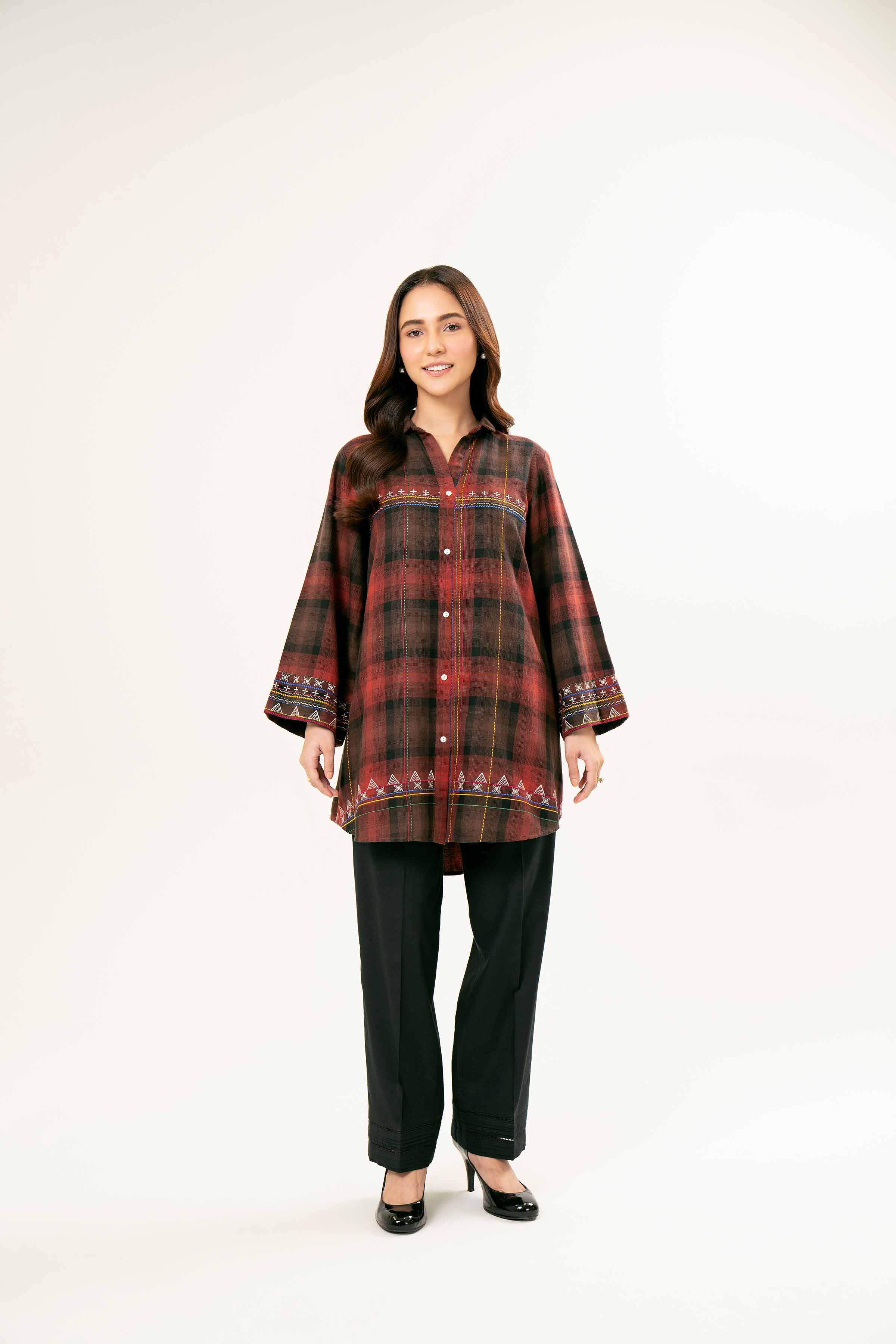 NishatUK - Brown Embroidered Yarn Dyed 1-piece ready to wear Tunic