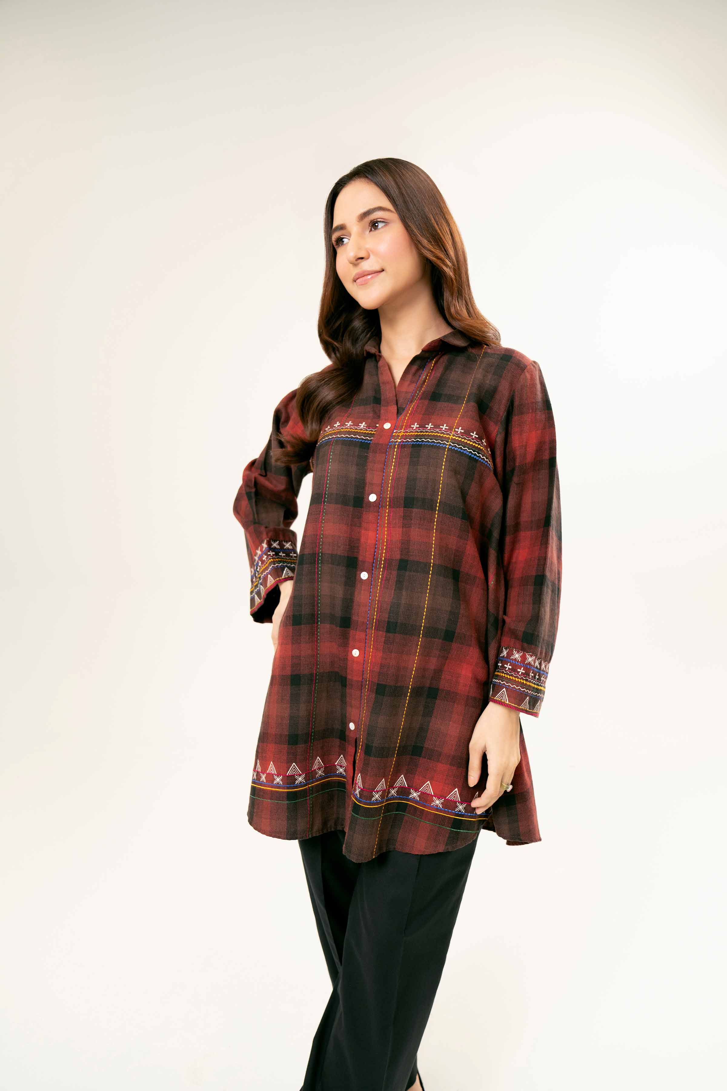 NishatUK - Brown Embroidered Yarn Dyed 1-piece ready to wear Tunic