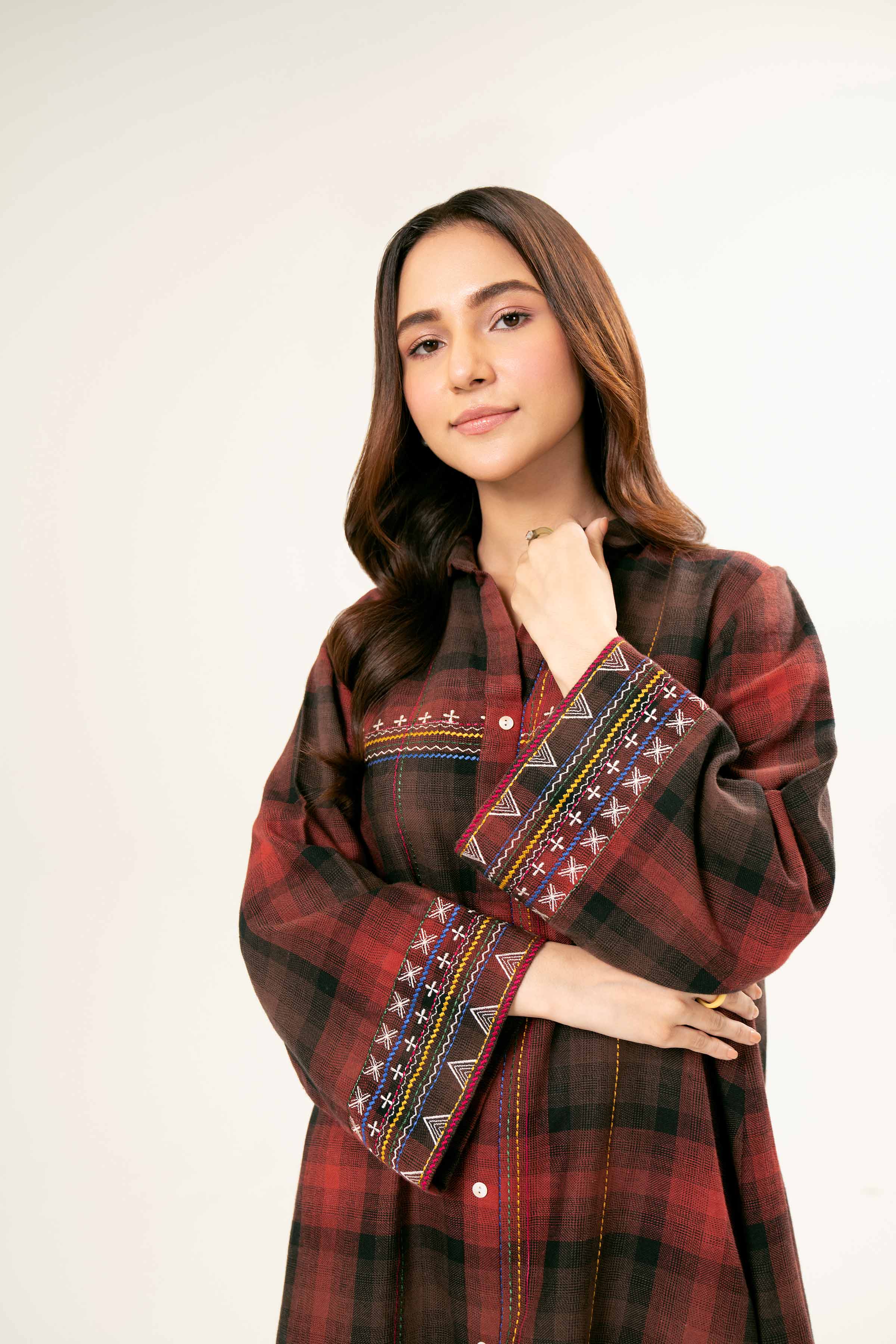 NishatUK - Brown Embroidered Yarn Dyed 1-piece ready to wear Tunic