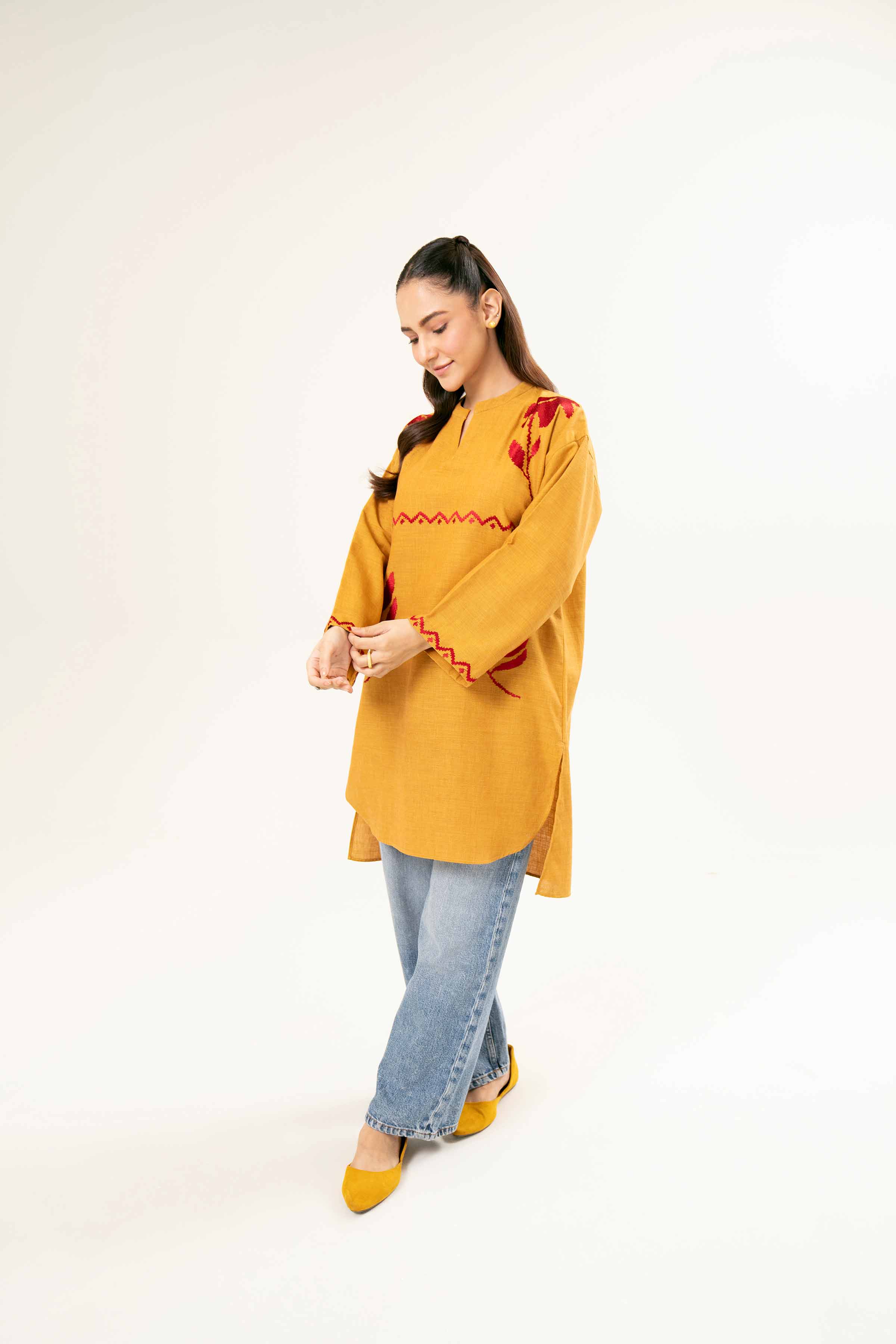 NishatUK - Brown Embroidered Yarn Dyed 1-piece ready to wear Tunic