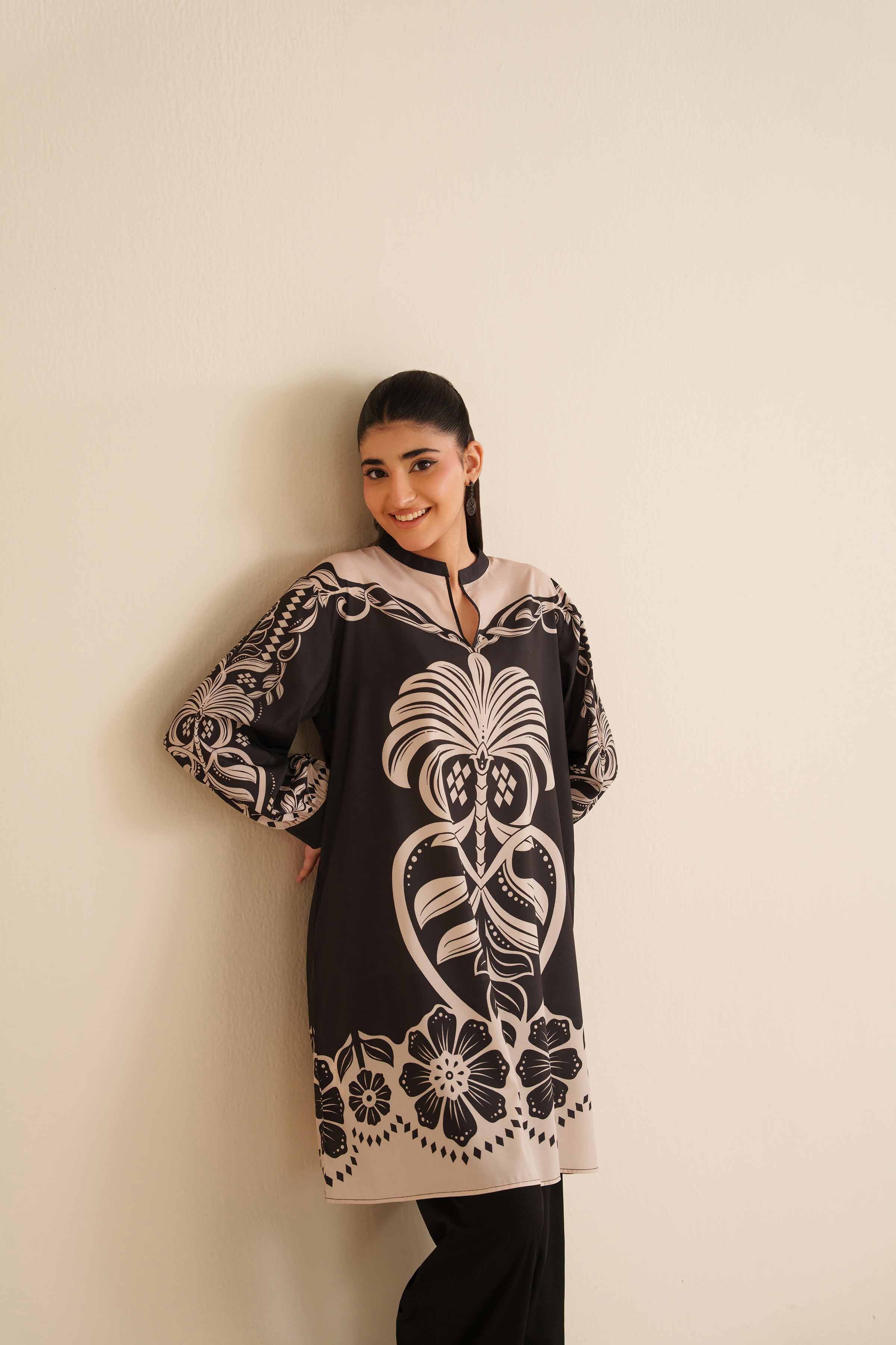 NishatUK - Black Printed Silk 1-piece ready to wear Tunic