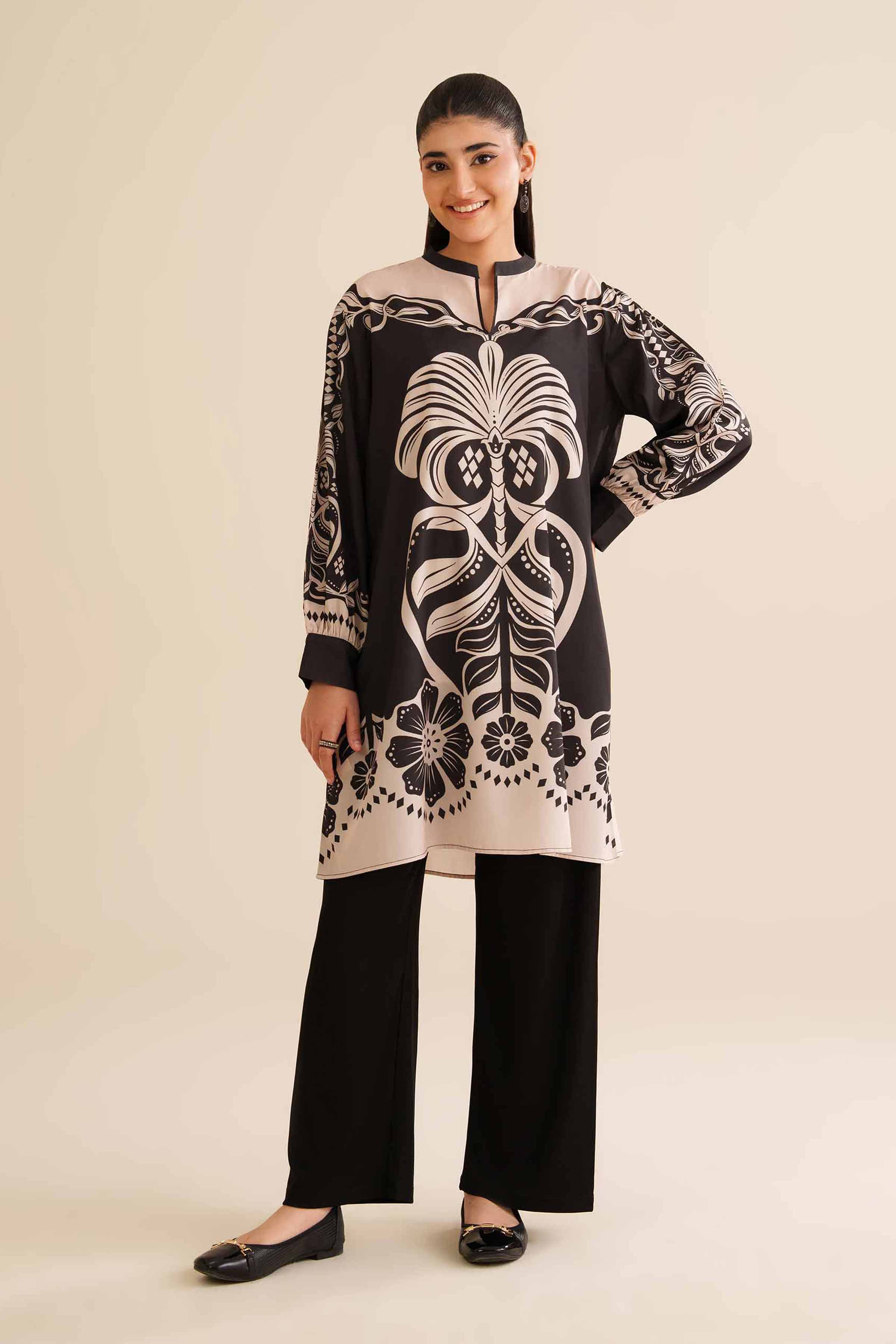 NishatUK - Black Printed Silk 1-piece ready to wear Tunic