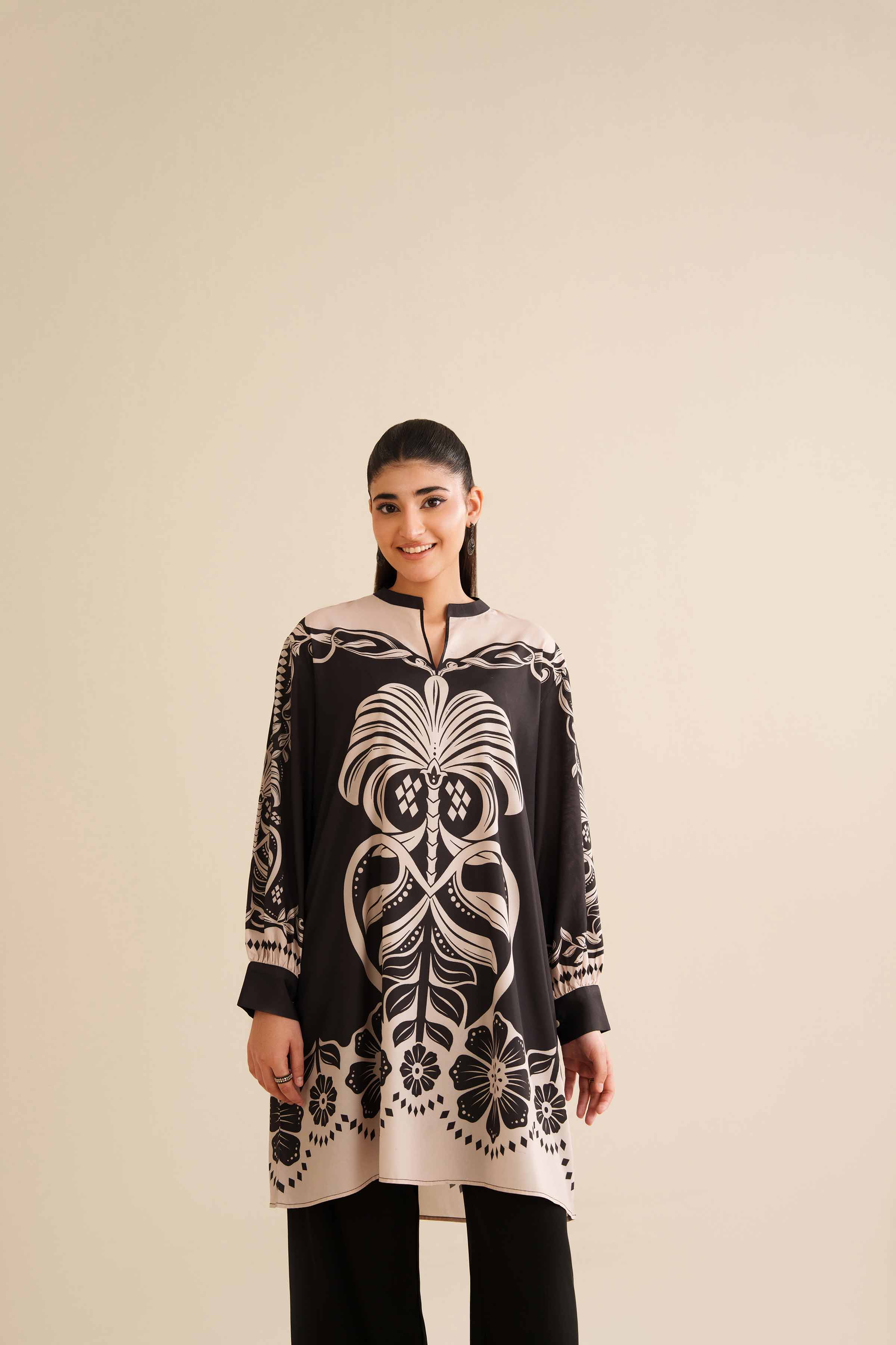 NishatUK - Black Printed Silk 1-piece ready to wear Tunic