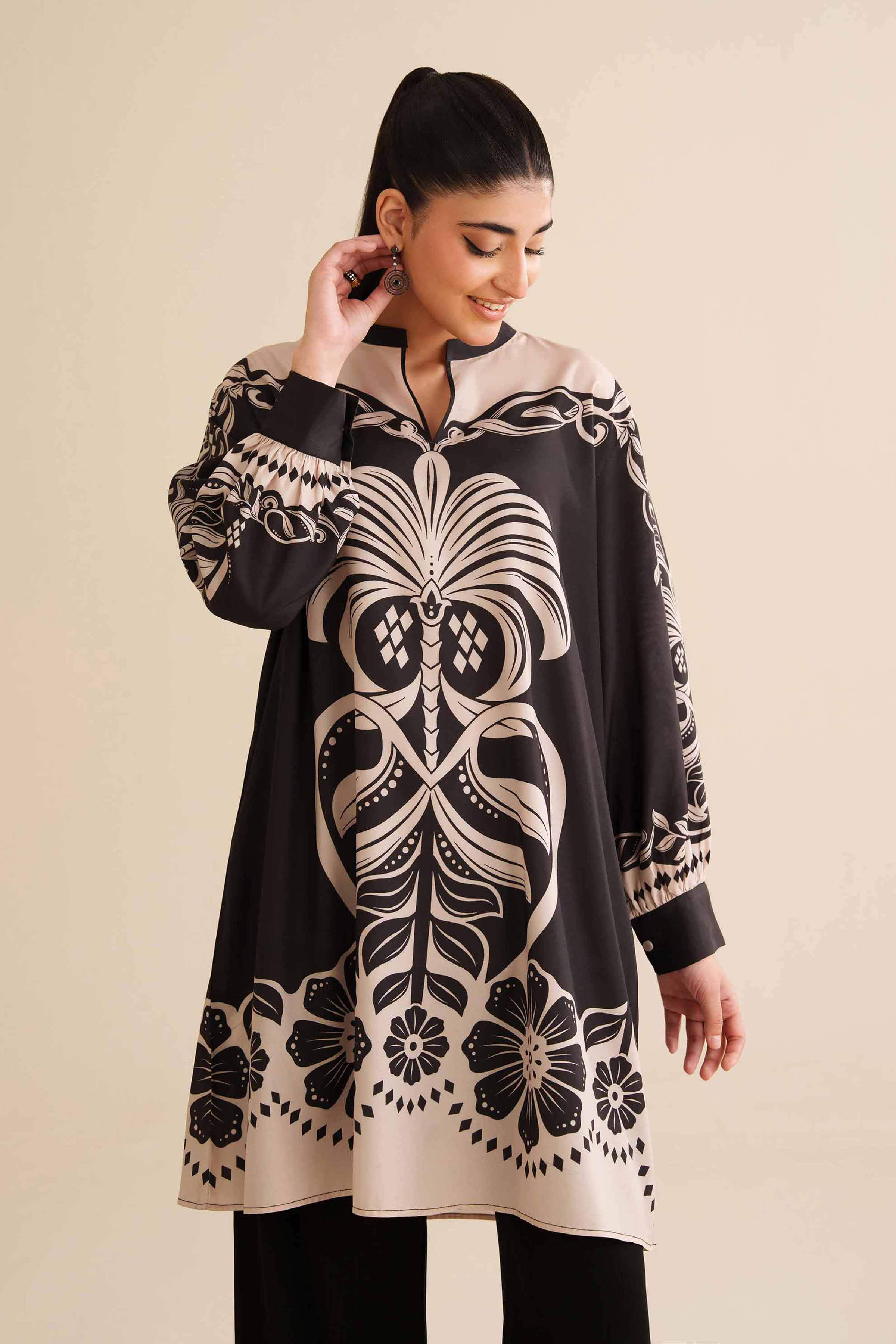 NishatUK - Black Printed Silk 1-piece ready to wear Tunic