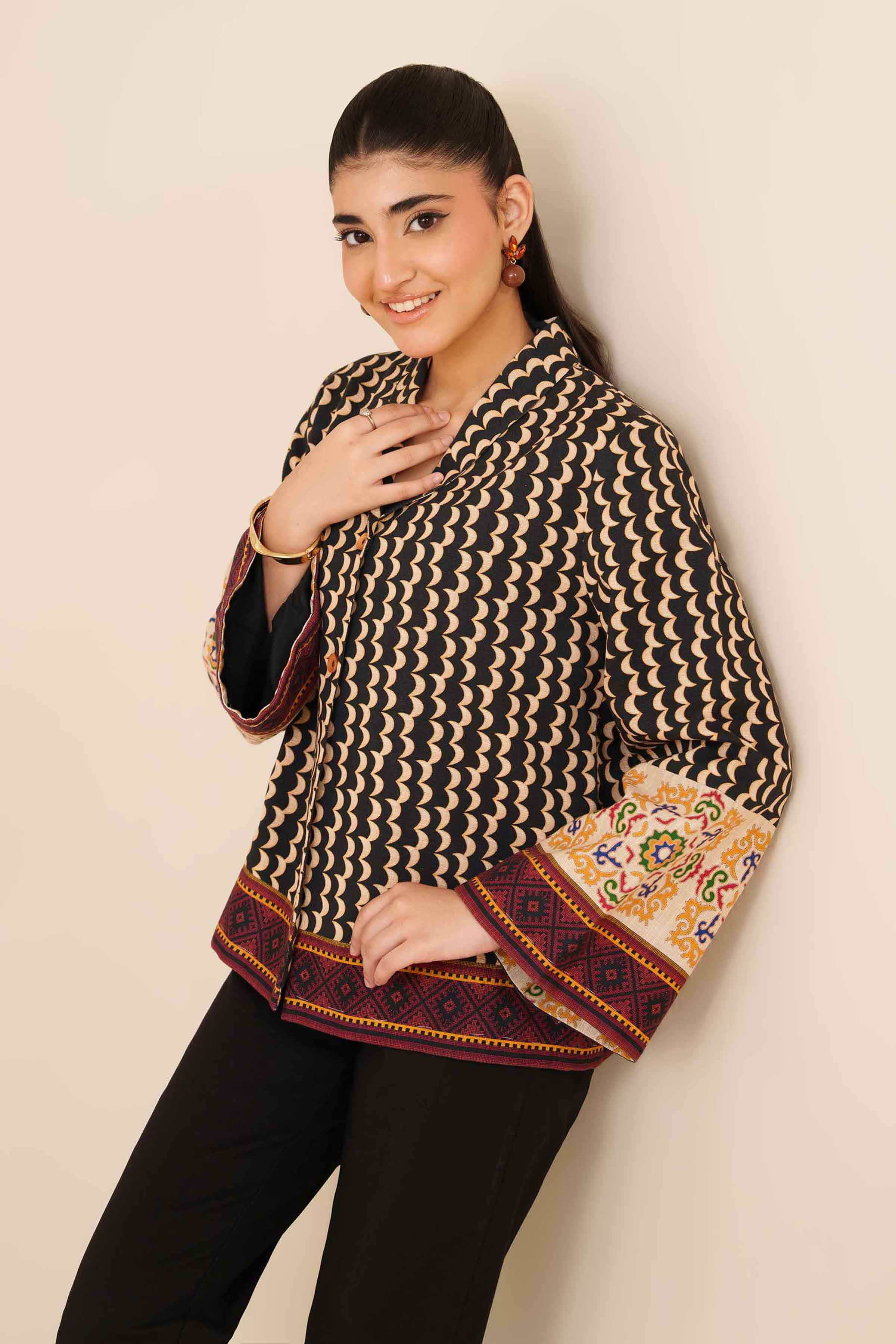 NishatUK - Black Printed Khaddar 1-piece ready to wear Jacket