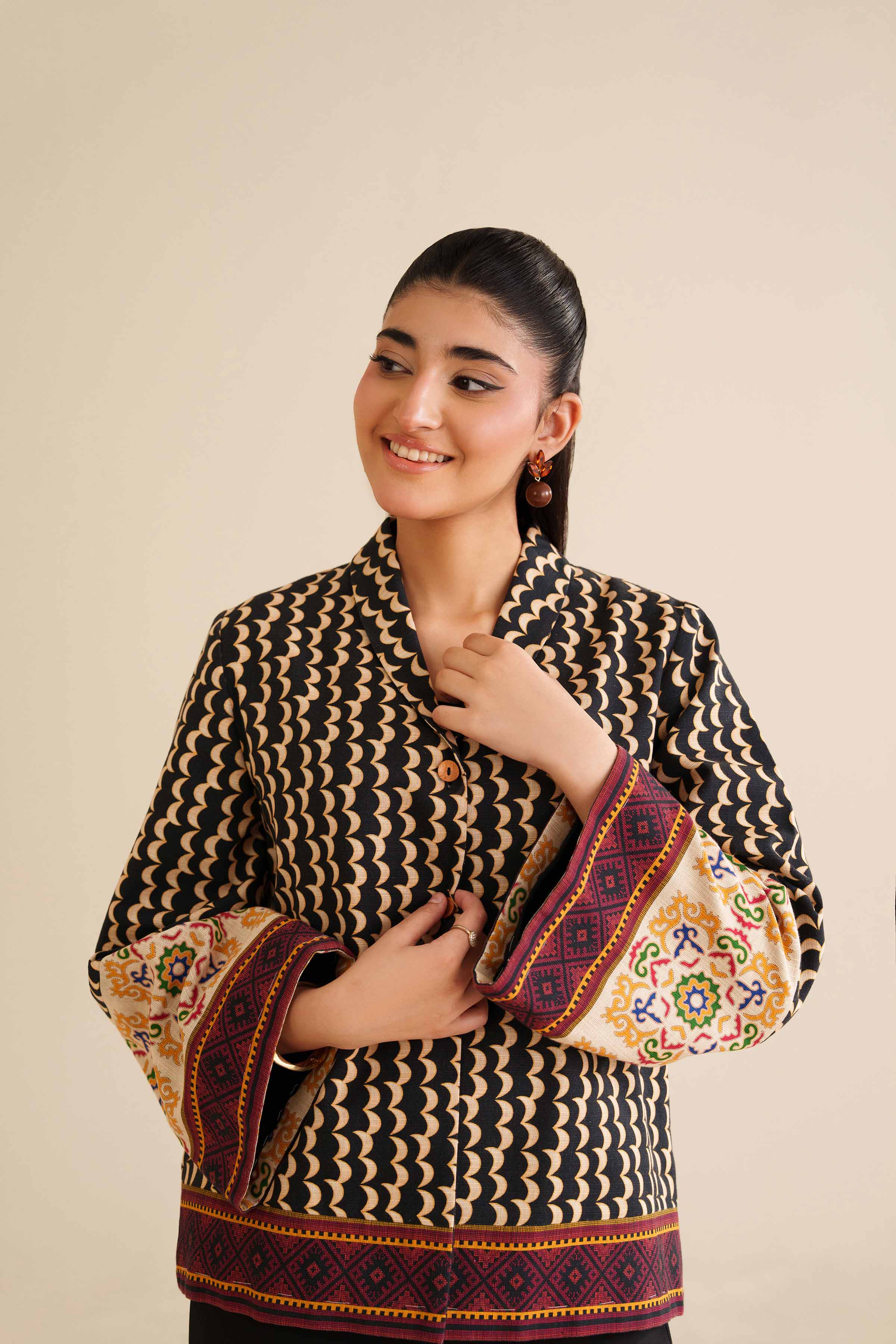 NishatUK - Black Printed Khaddar 1-piece ready to wear Jacket