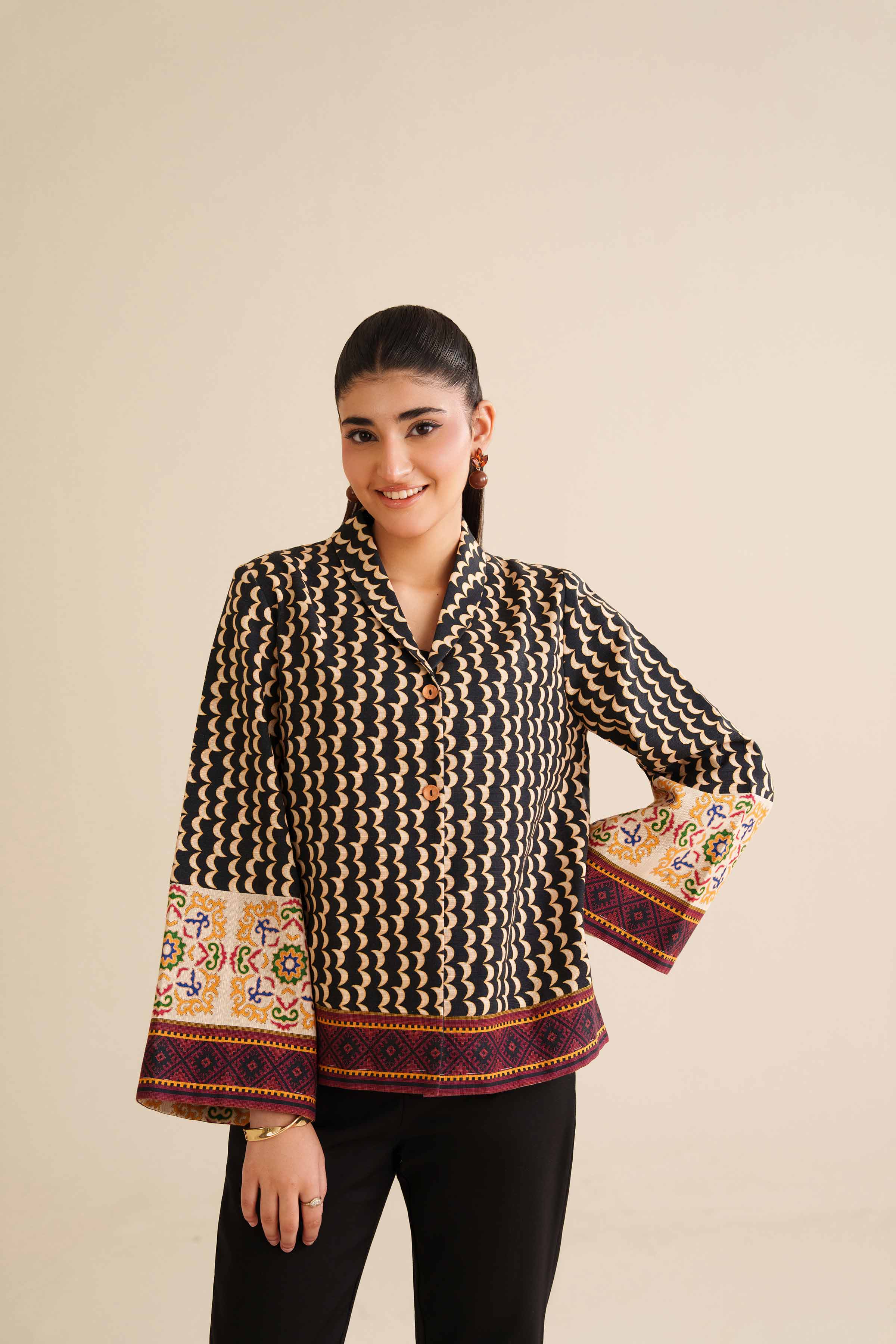NishatUK - Black Printed Khaddar 1-piece ready to wear Jacket