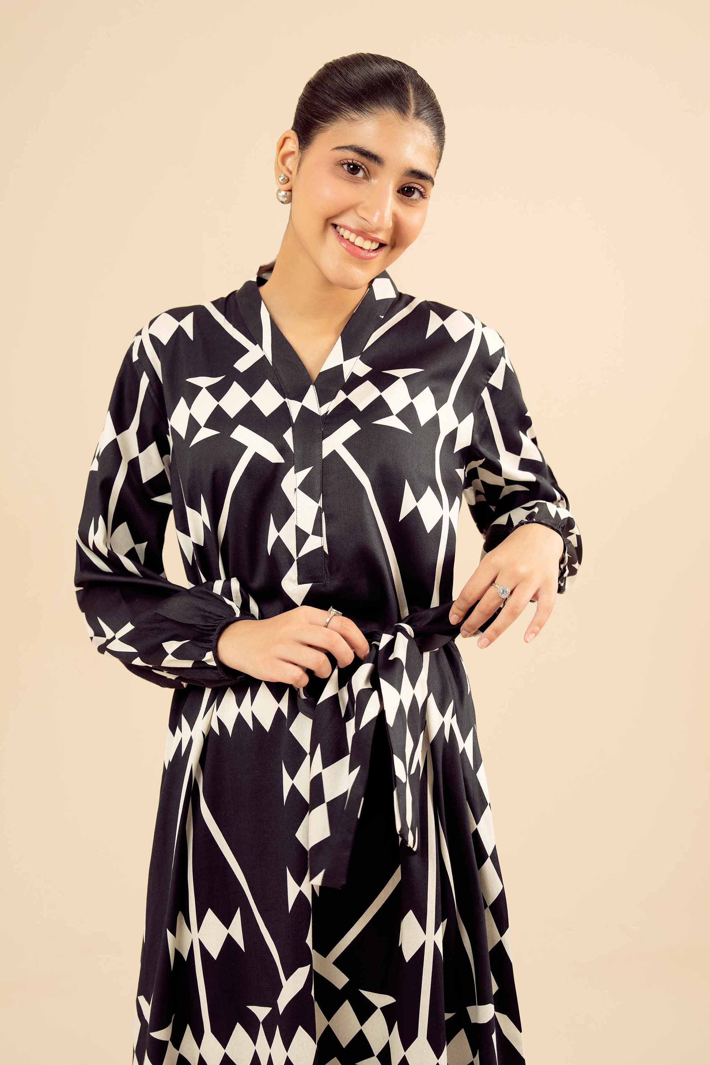 NishatUK - Black Printed Satin 1-piece ready to wear Long Dress