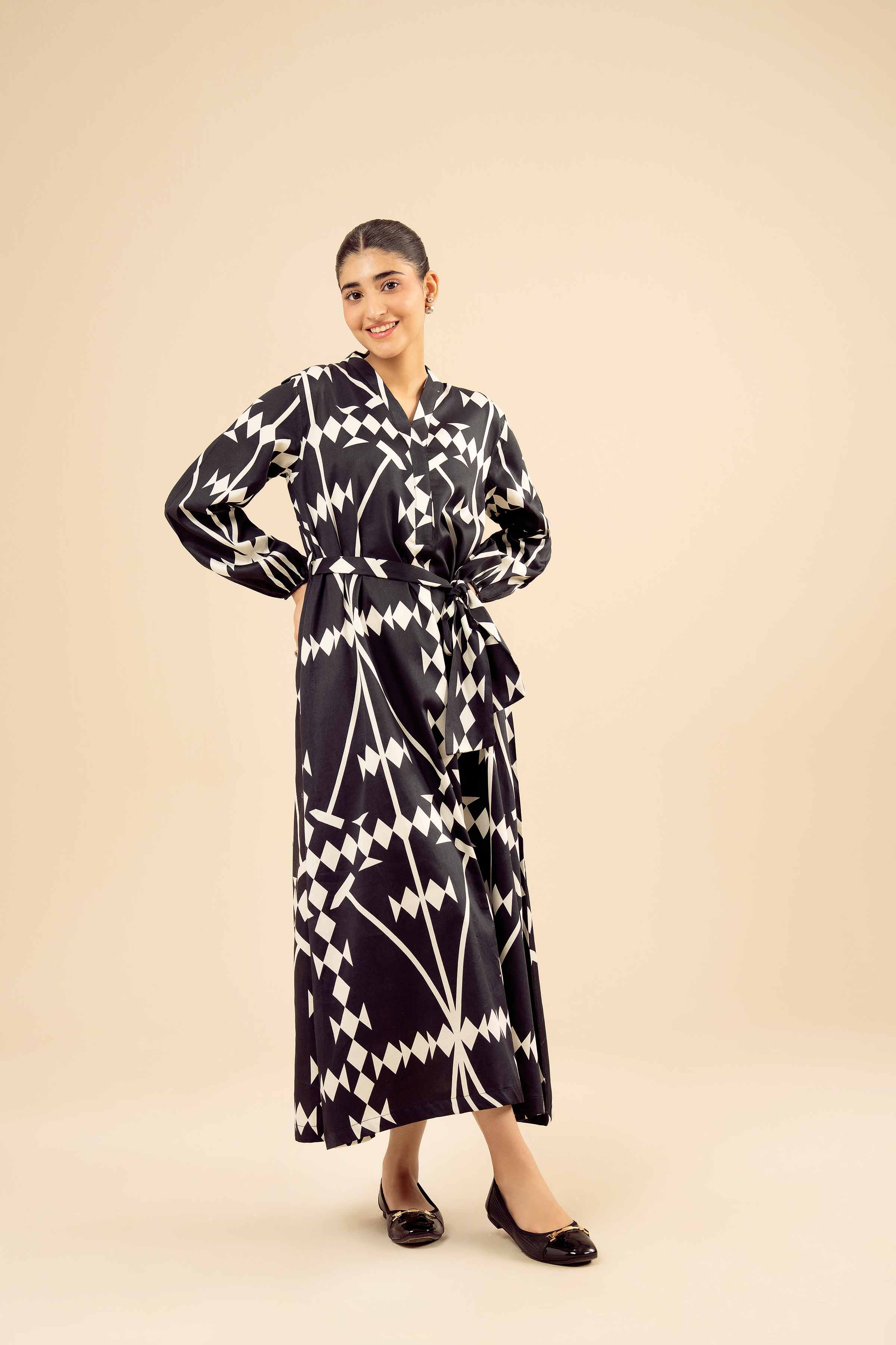 NishatUK - Black Printed Satin 1-piece ready to wear Long Dress