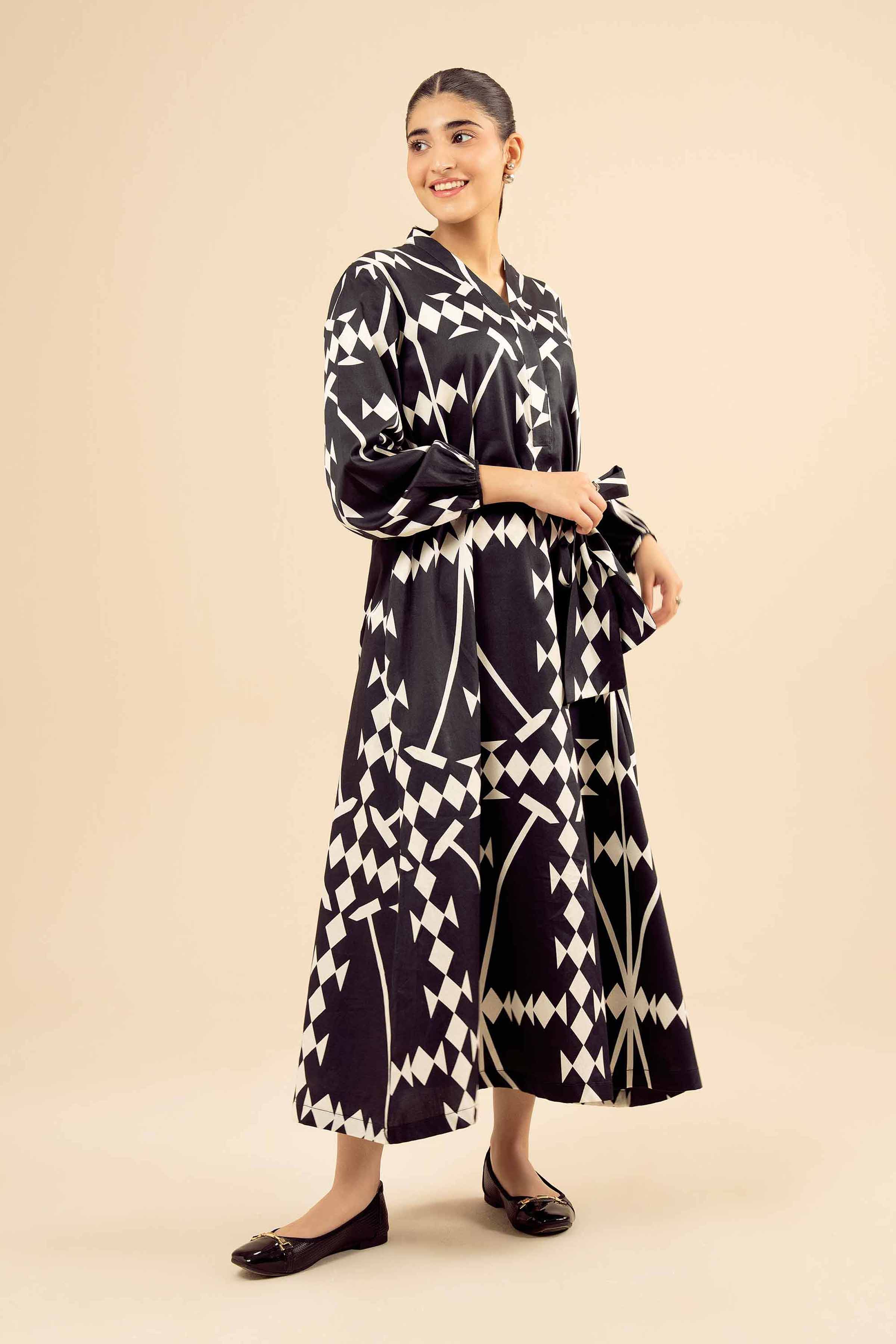 NishatUK - Black Printed Satin 1-piece ready to wear Long Dress